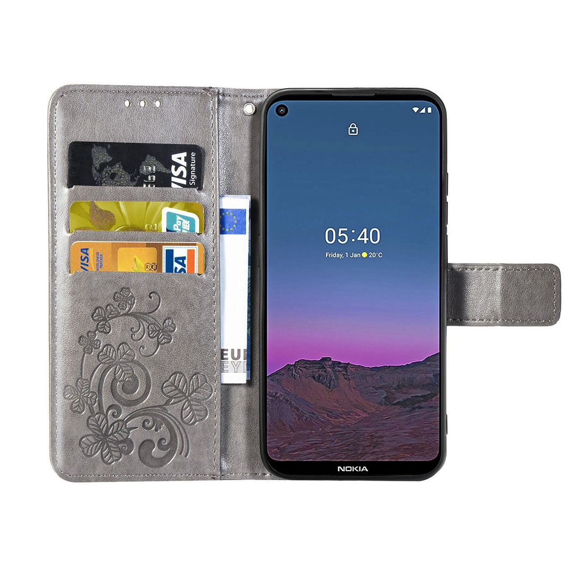 Graue Handyhülle offen mit Telefon und Karten. Blumendesign, mit einem Geldscheinclip innen.