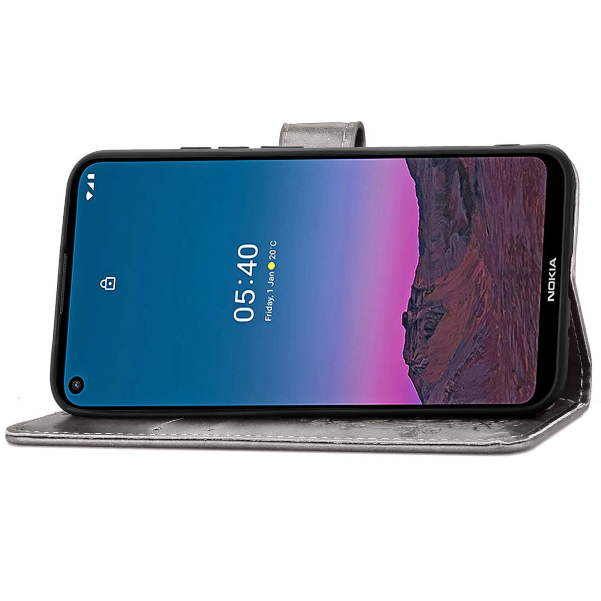 Offene Handyhülle mit Telefon im Inneren. Das Telefon zeigt Uhrzeit und Datum. Weißer Hintergrund.