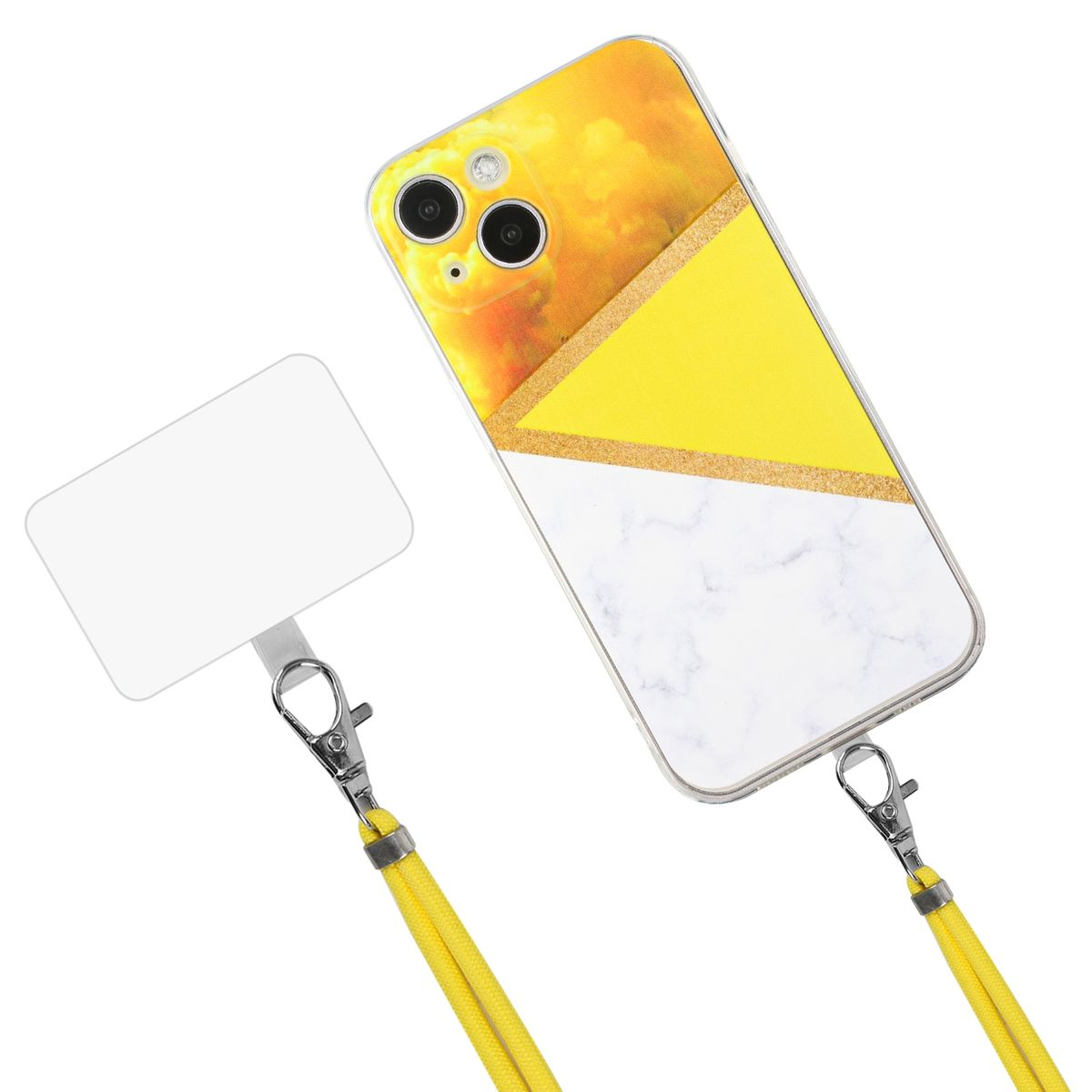 Handyhülle mit gelbem Riemen und weißem Anhänger. Die Handyhülle hat ein gelbes, goldenes und weißes Muster.