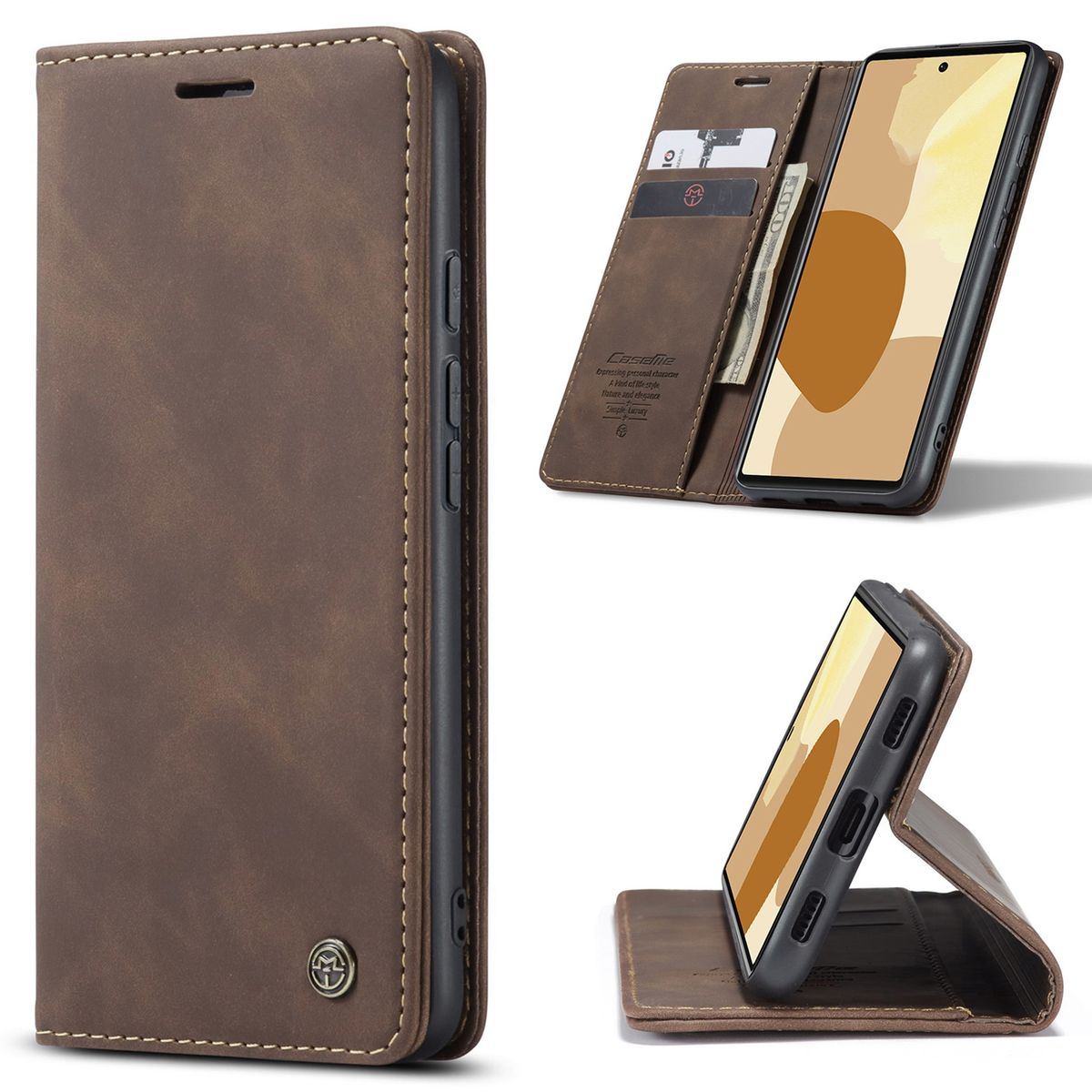 Braune Leder-Handyhülle, Brieftaschenstil. Zeigt Telefon, Karten und ein Logo.