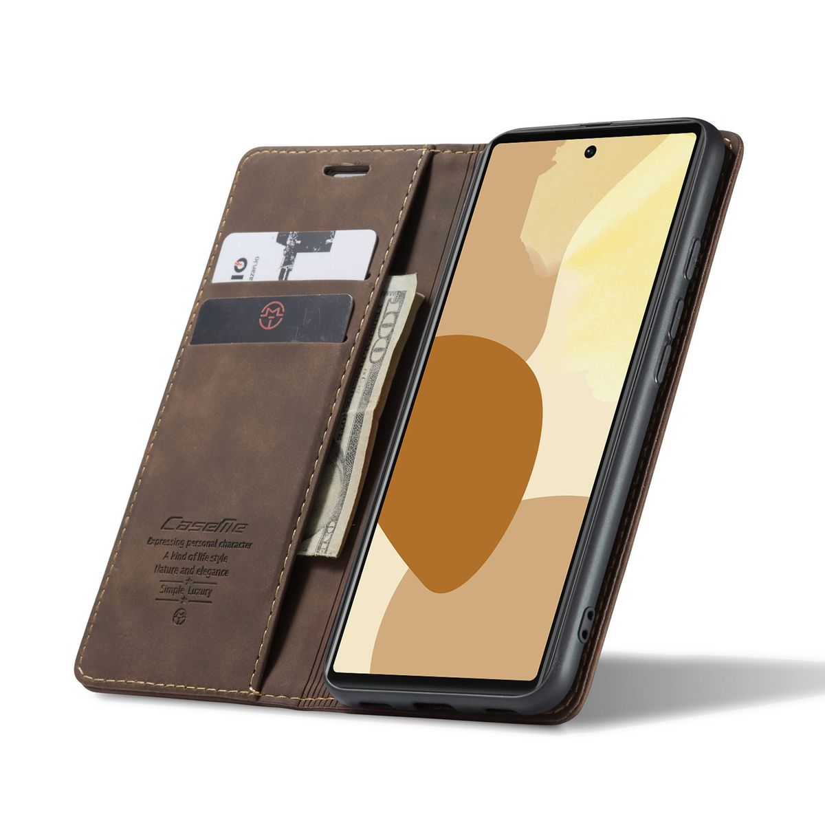 Eine braune Handyhülle mit einem Telefon und Kartenfächern. Es hat eine Visitenkarte und einen Dollar.