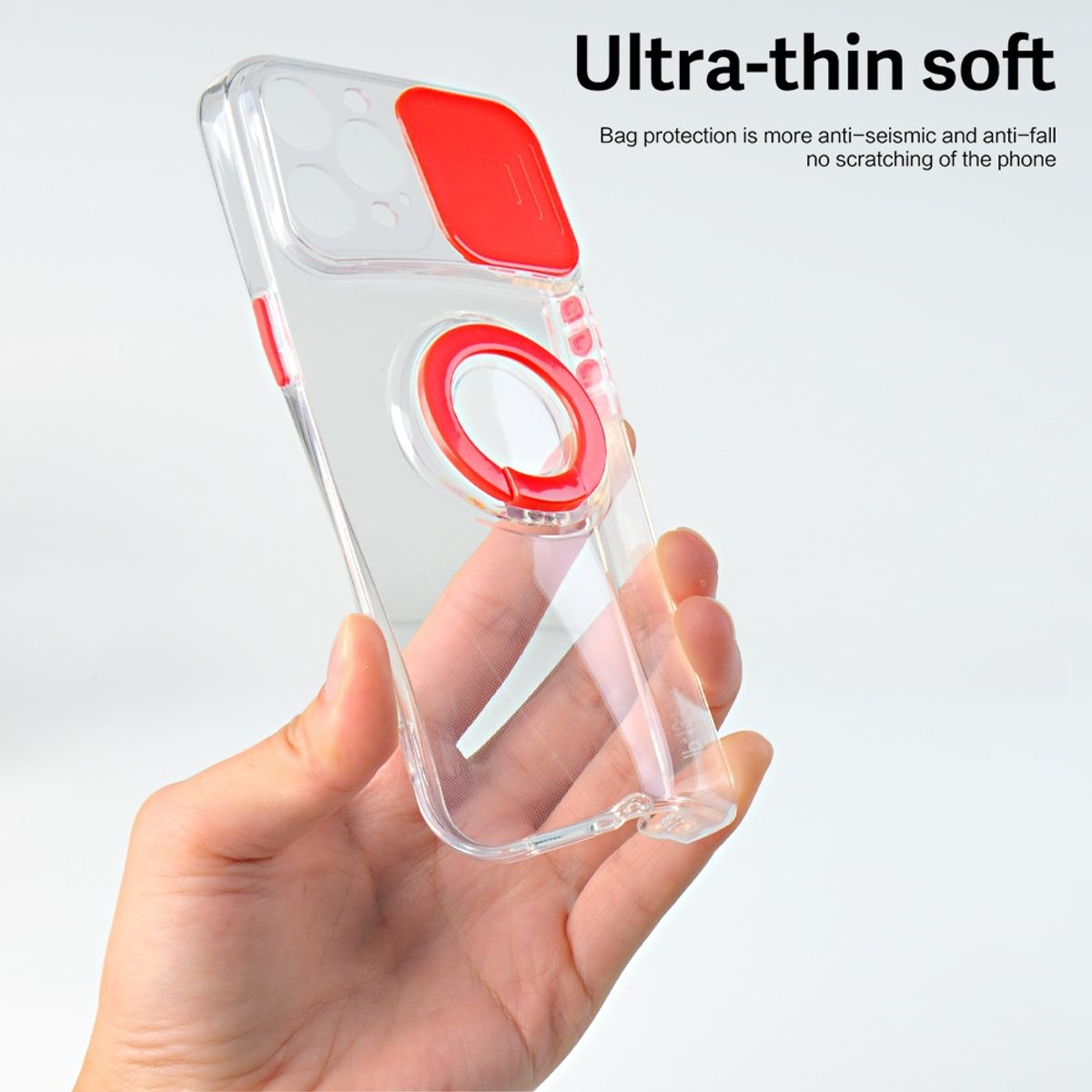 Transparente Handyhülle mit roten Akzenten, gehalten in einer Hand. Text: Ultra-dünn weich.