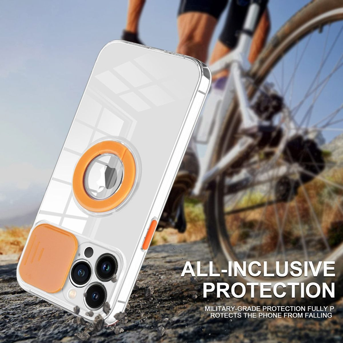 Transparente Handyhülle mit orangen Akzenten. Die Handyhülle befindet sich auf einem Fahrrad.