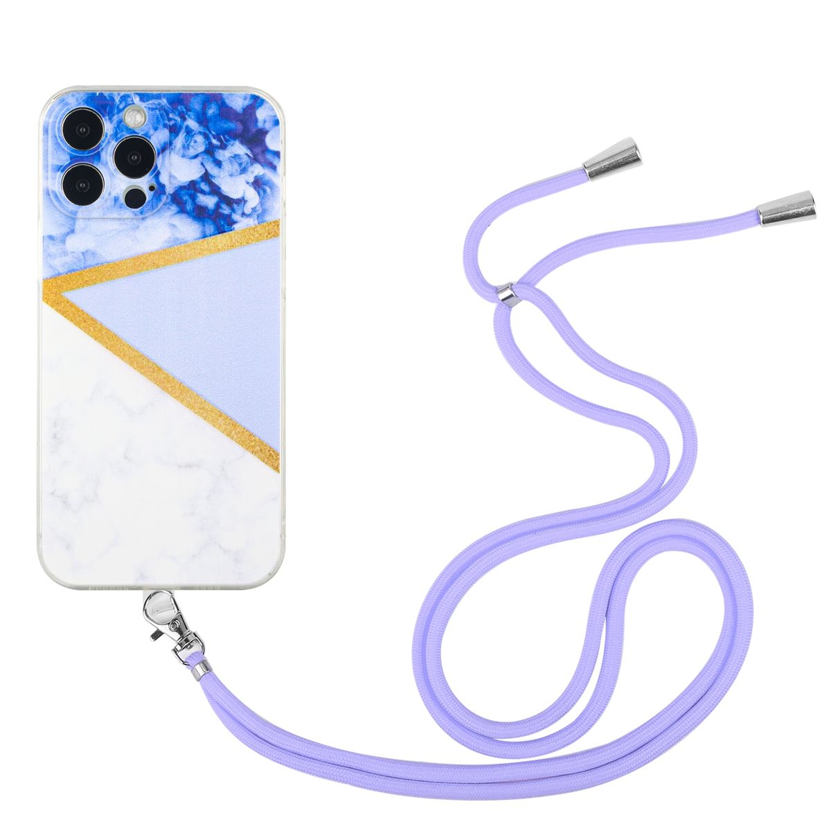 Telefon mit floralem Design und helllila Lanyard. Das Lanyard ist an der Hülle befestigt.