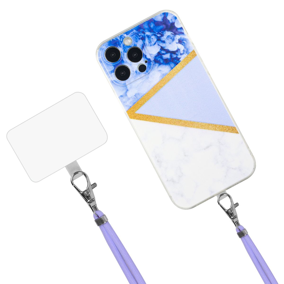 Handyhülle mit Marmordesign und Schlüsselband. Die Handyhülle ist weiß und blau mit einem goldenen Streifen.