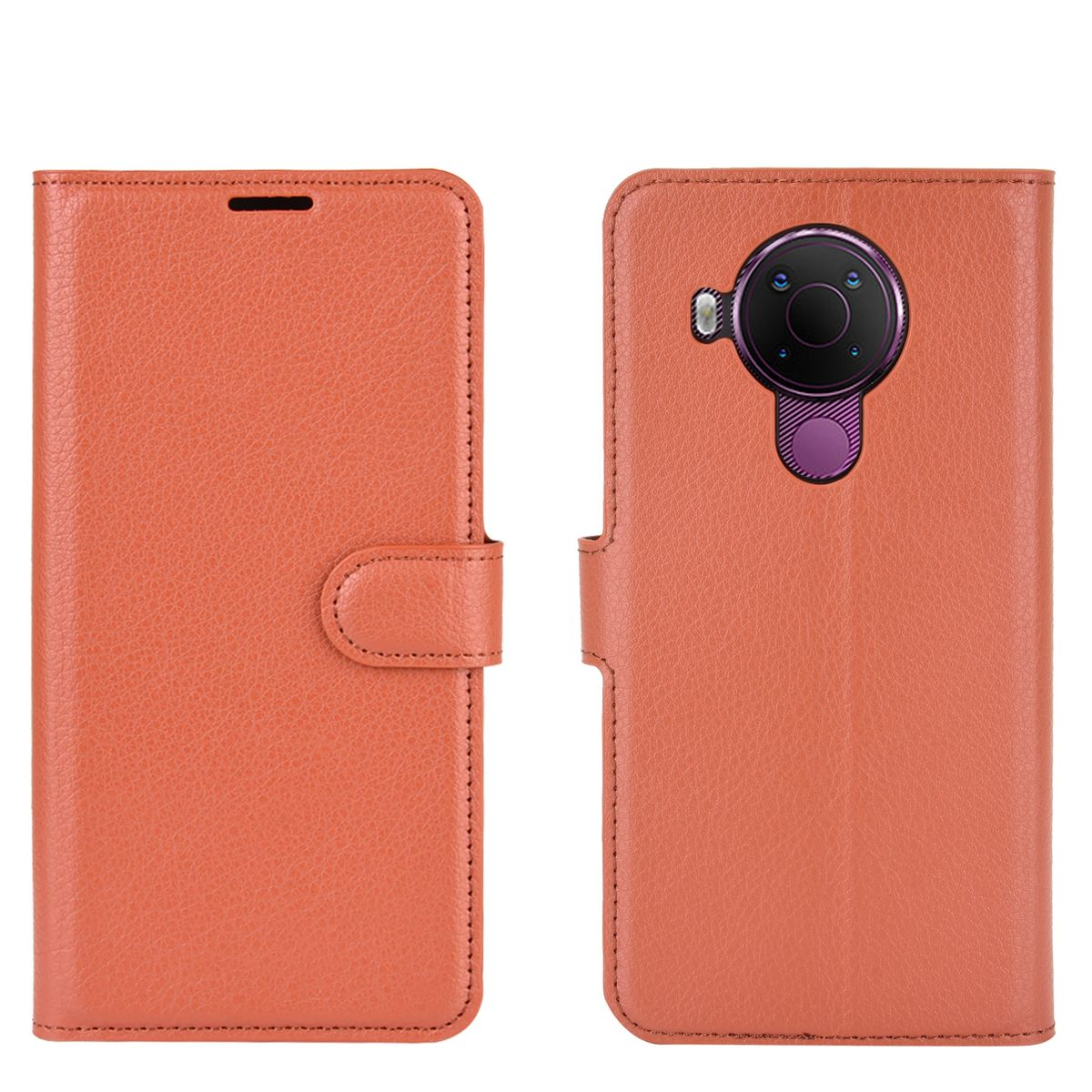 Orangefarbene Handyhülle, geöffnet, mit einem Telefon darin. Das Telefon hat eine große Kamera.