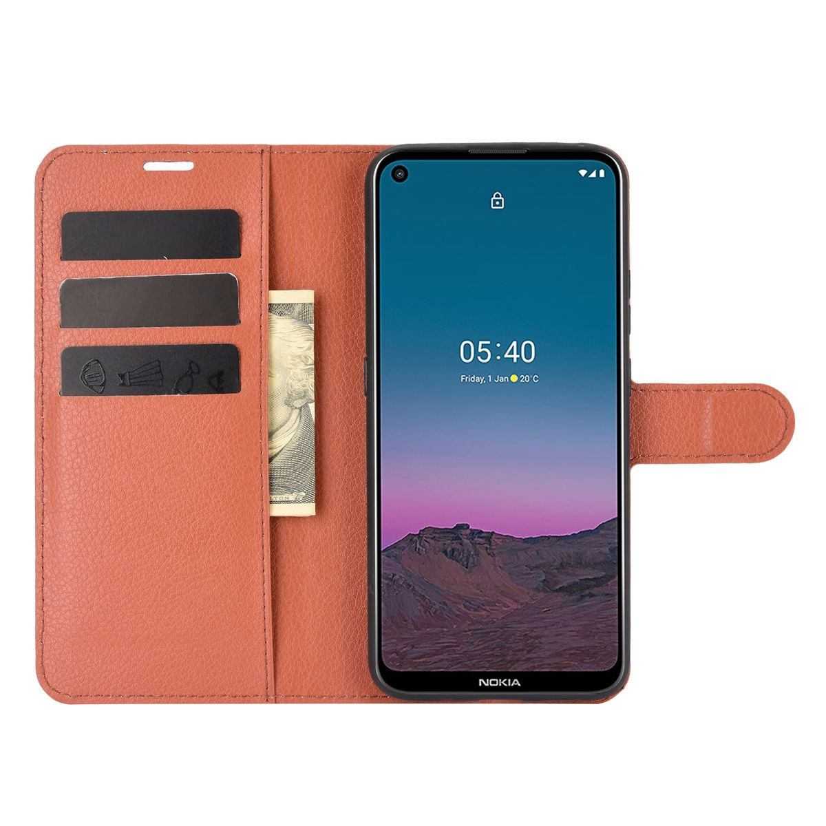 Ein Telefon in einer Hülle, zeigt den Bildschirm. Die Hülle hat Fächer für Karten und einen Dollar.