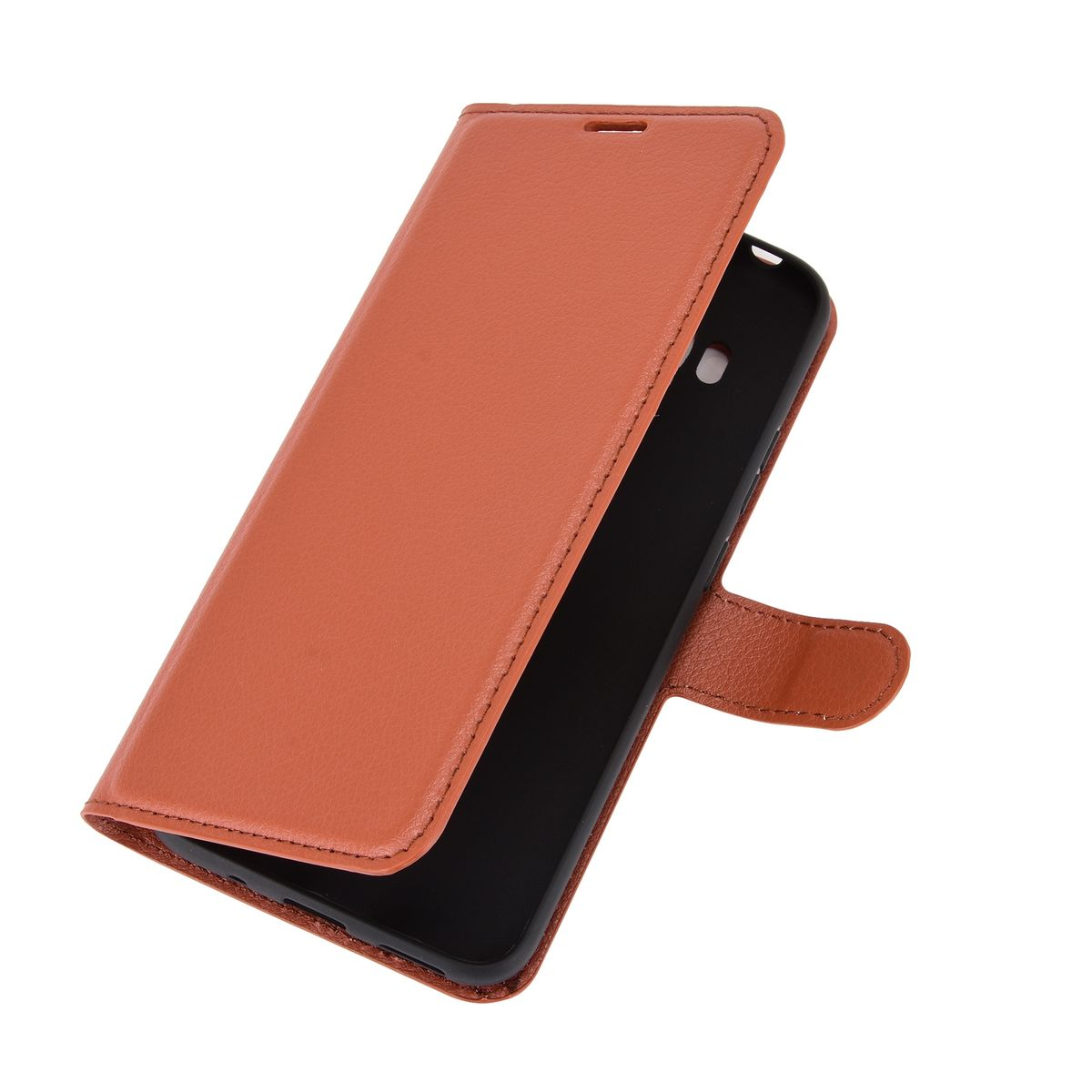 Offene braune Handyhülle, die ein schwarzes Telefon im Inneren zeigt. Die Hülle ist aus Leder.