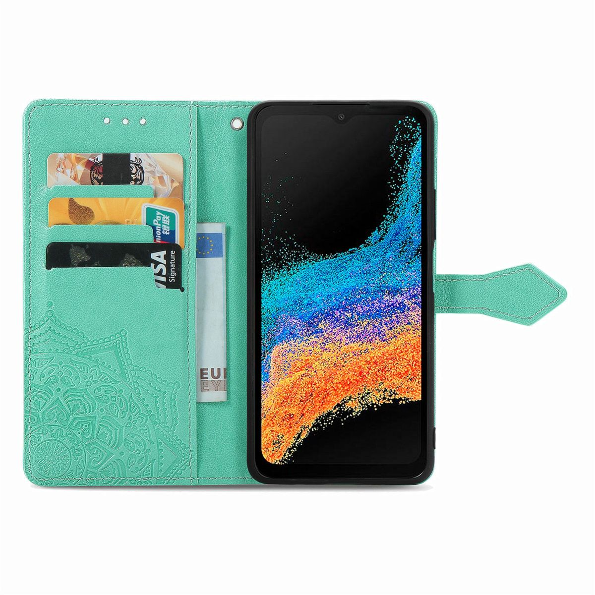 Türkisfarbene Handyhülle mit Telefon. Mit Kartenfächern und Blumendesign.