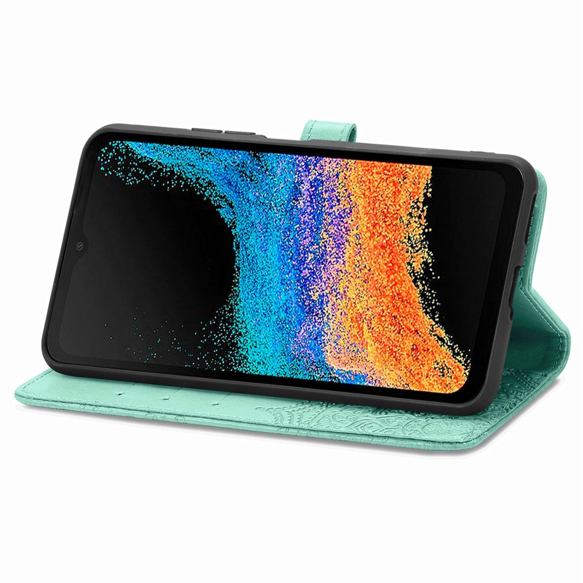 Türkisfarbene Handyhülle offen mit Telefon. Display hat blaue, orange und weiße Farben.