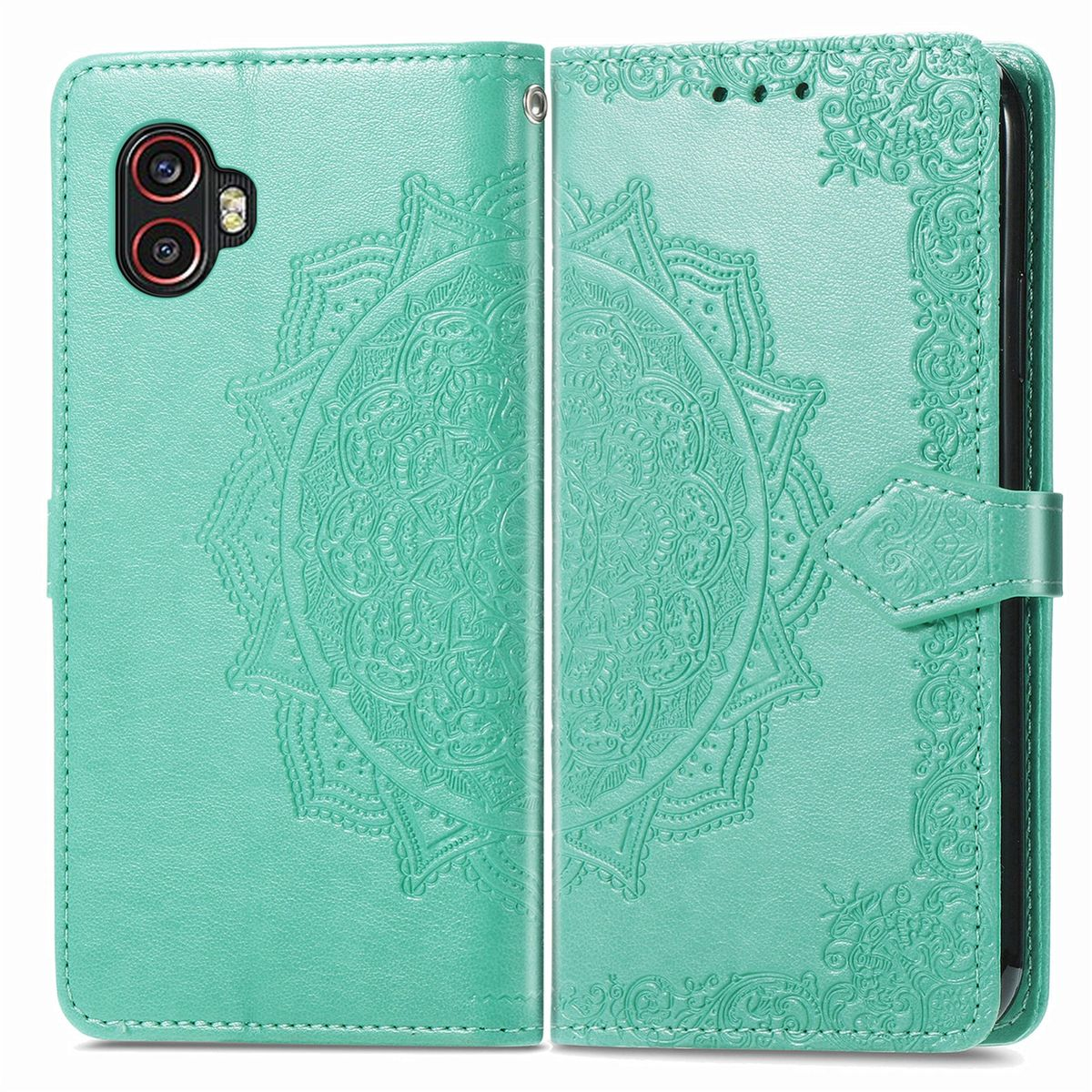 Grüne Handyhülle mit Mandala-Design. Das Telefon hat eine Kamera und befindet sich im Etui.