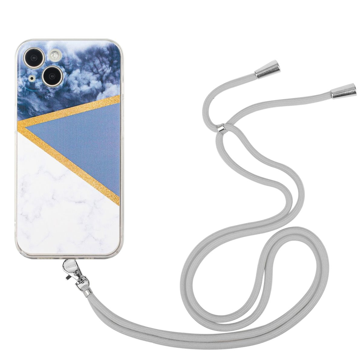Handyhülle mit blauem und goldenem Muster und einem grauen Riemen. Telefon im Etui.