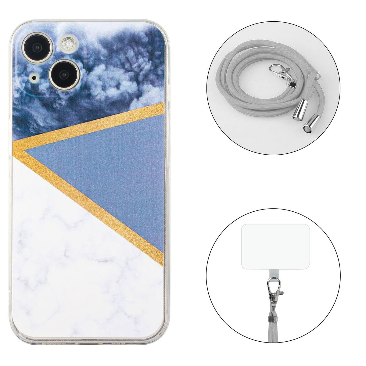 Ein Smartphone mit Marmordesign, ein graues Schlüsselband und ein transparenter Telefonhalter.