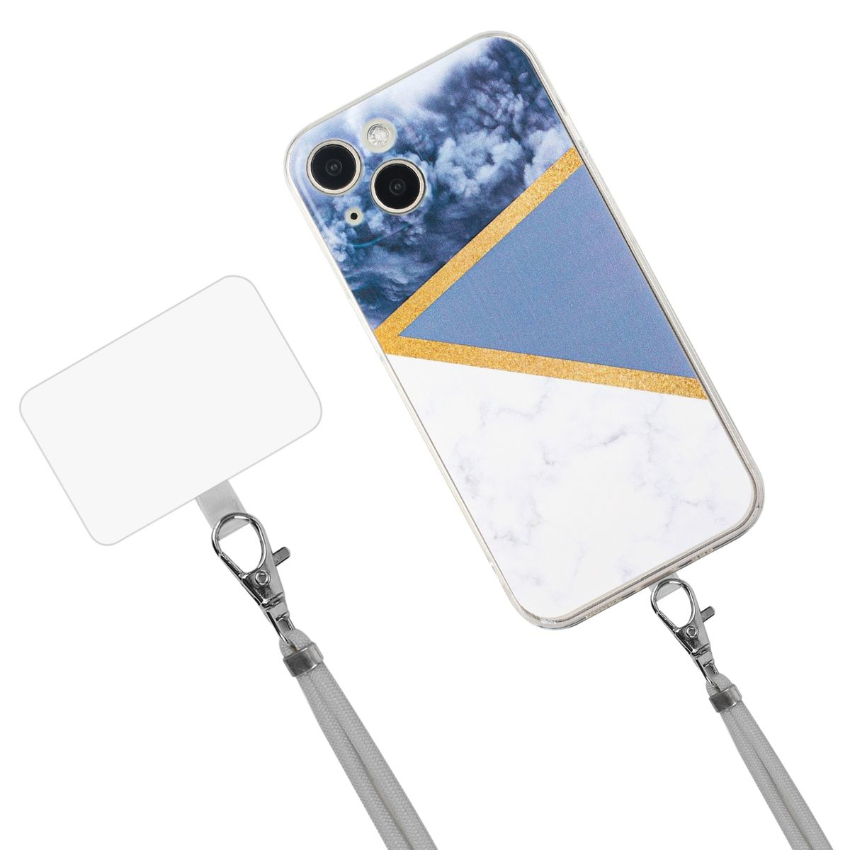 Smartphone-Hülle mit weißem und blauem geometrischem Design, befestigt an einem grauen Schlüsselband mit silbernen Verschlüssen.