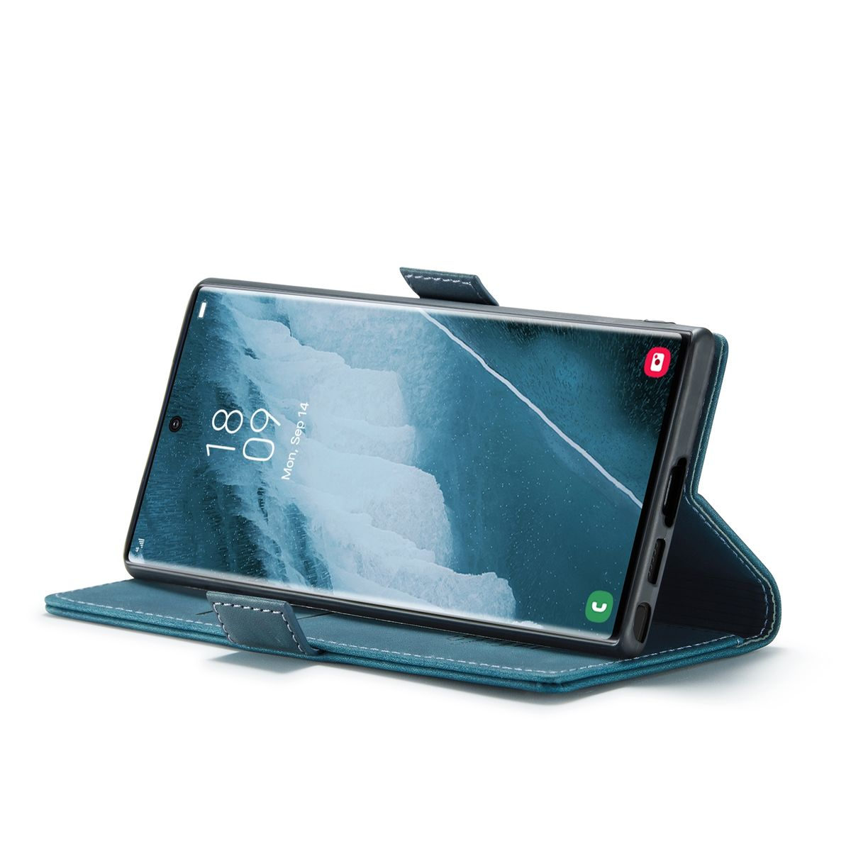 Blaue Handyhülle mit Telefon. Das Telefon zeigt Datum und Uhrzeit.