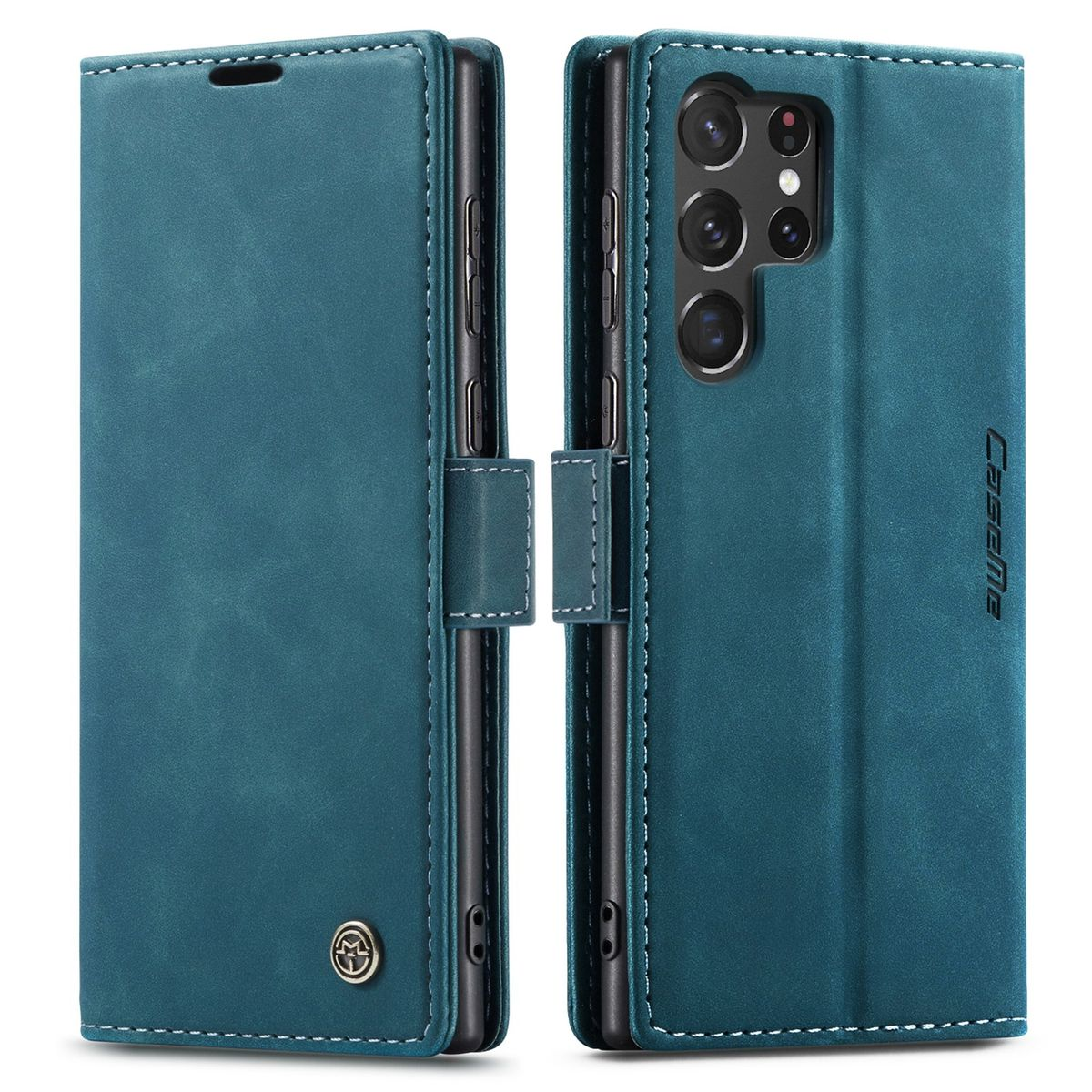 Eine türkisfarbene Handyhülle, offen. Das Telefon ist darin. Es ist eine Brieftaschen-Hülle.