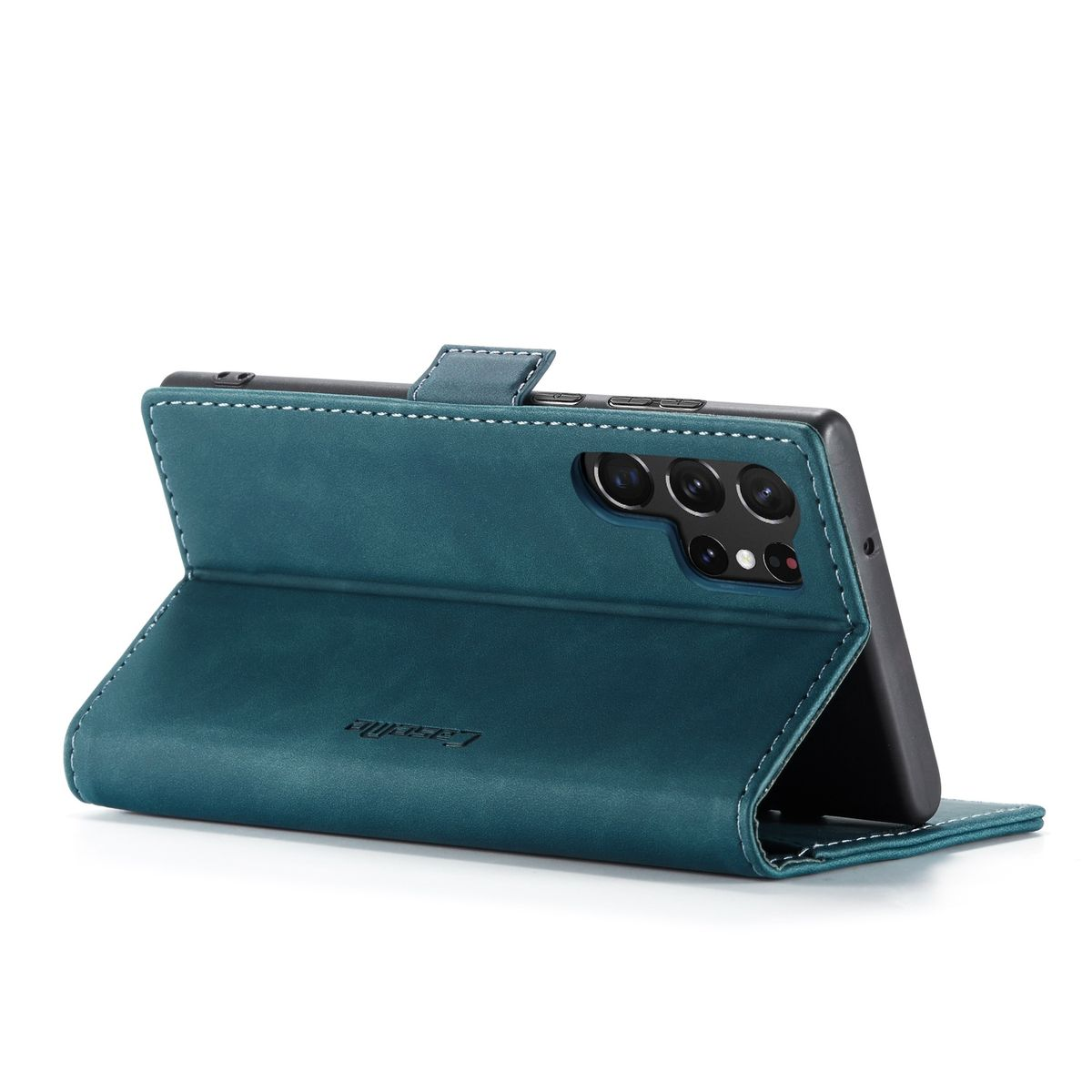 Blaues Telefon in einer blauen Hülle, geöffnet. Das Telefon ist abgewinkelt.