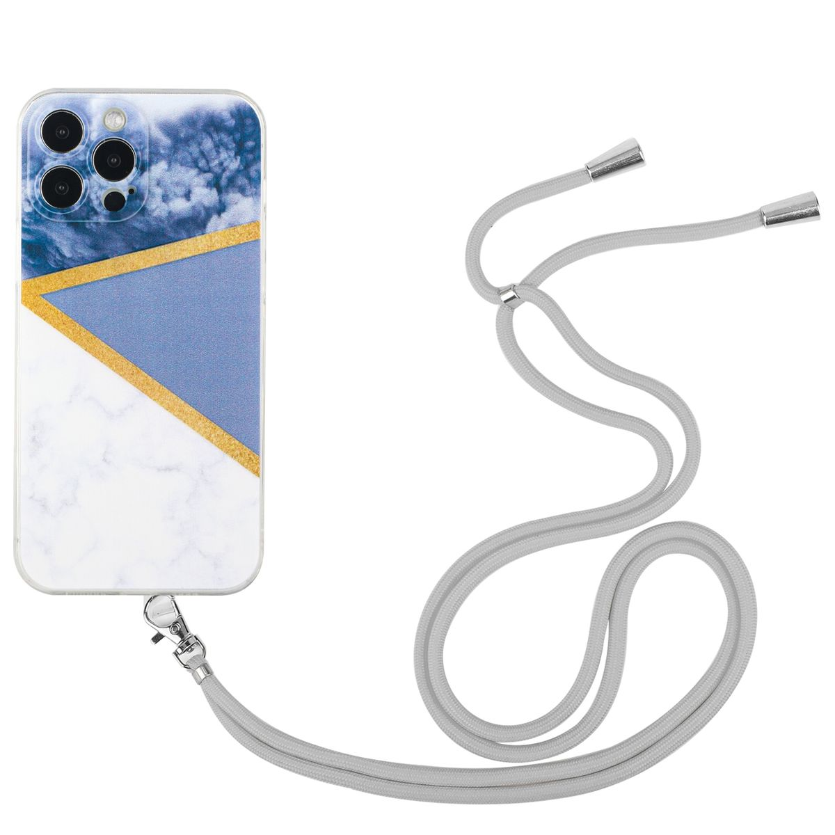 Telefon mit floralem Design und grauem Lanyard. Das Lanyard ist an der Hülle befestigt.