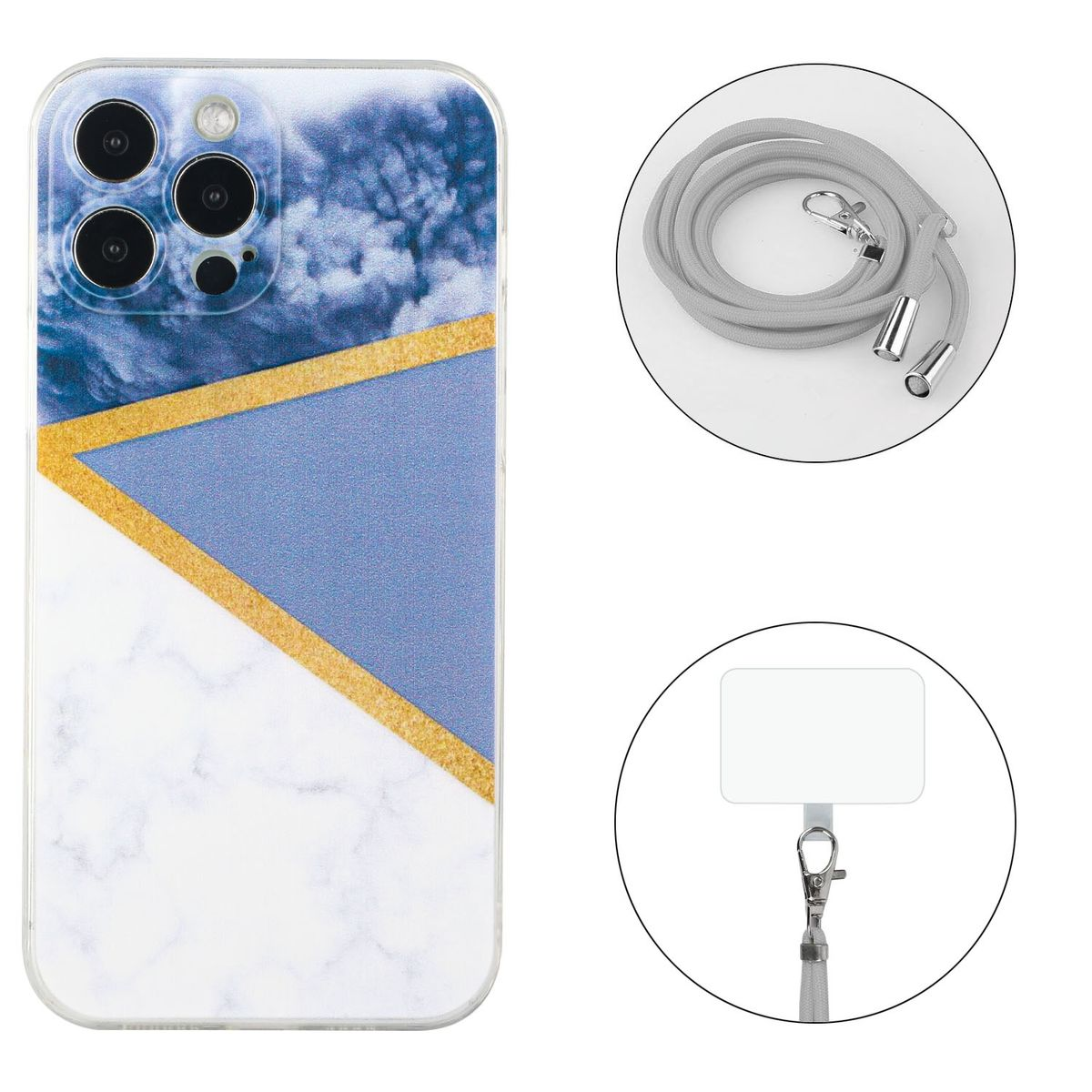 Handyhülle mit Marmordesign, mit Schlüsselband und separatem Anhänger.