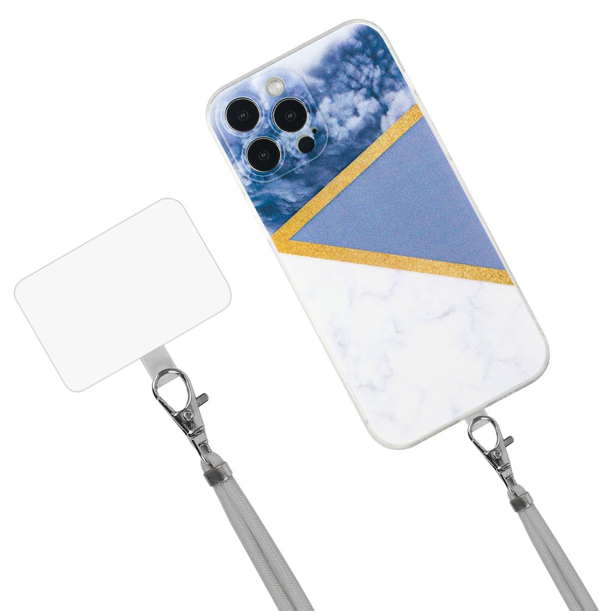 Telefon mit Marmor- und blauem Design, verbunden mit einem Schlüsselband mit weißem Etikett.