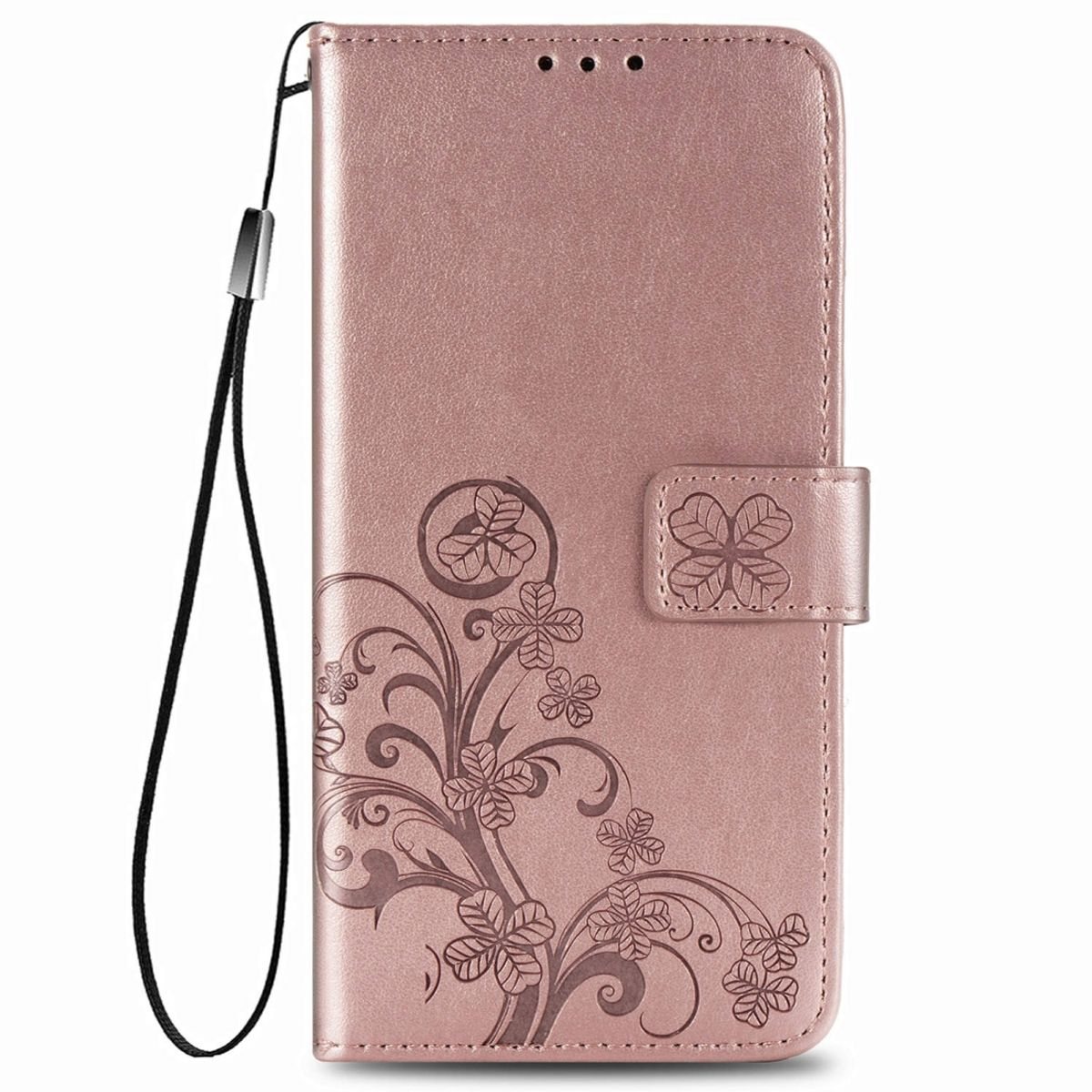 Roségoldene Handyhülle geöffnet, mit Telefon und Armband. Weißer Hintergrund.