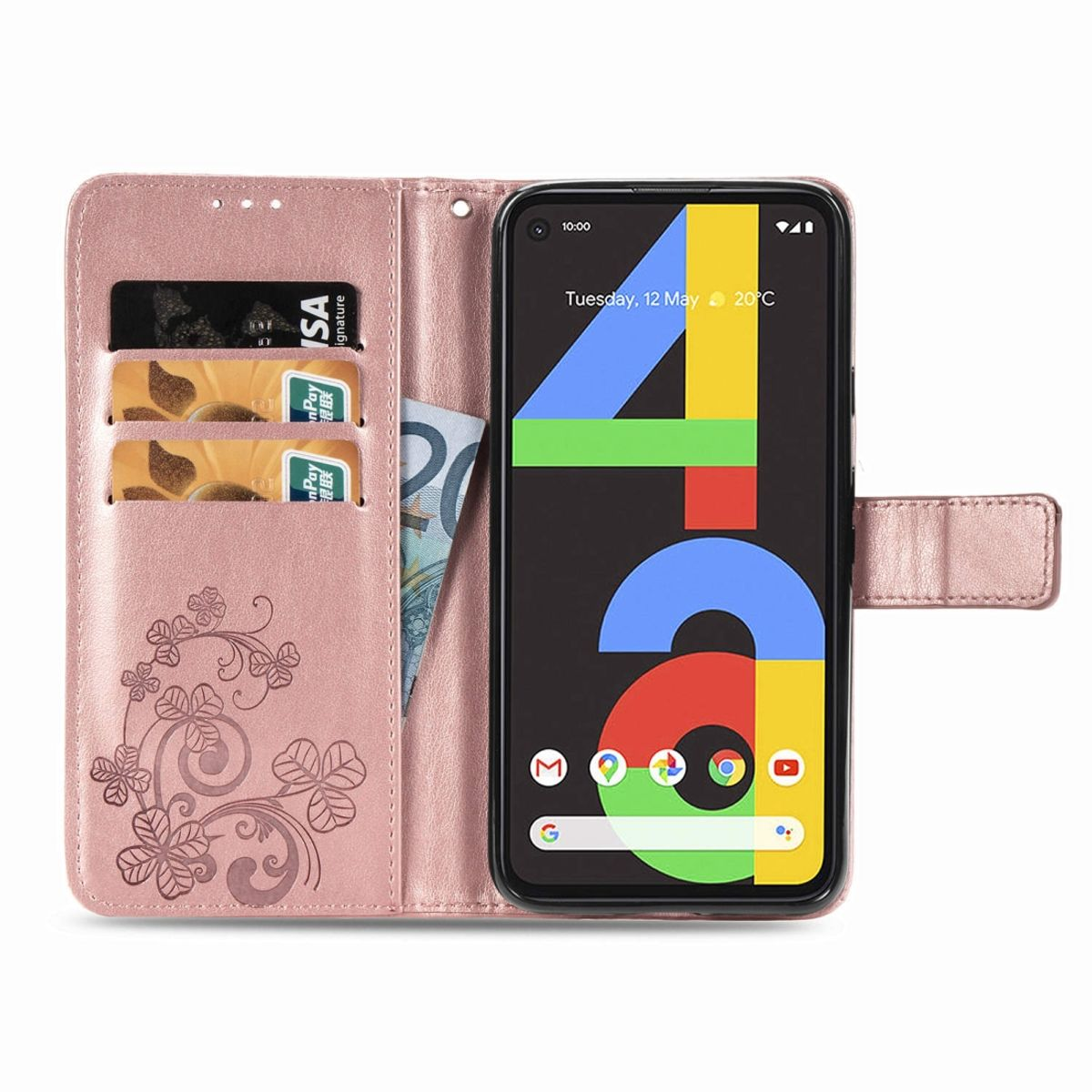 Eine rosa Handyhülle mit einem Telefon und Kartenfächern. Es hat ein Blumendesign und einen Dollar.
