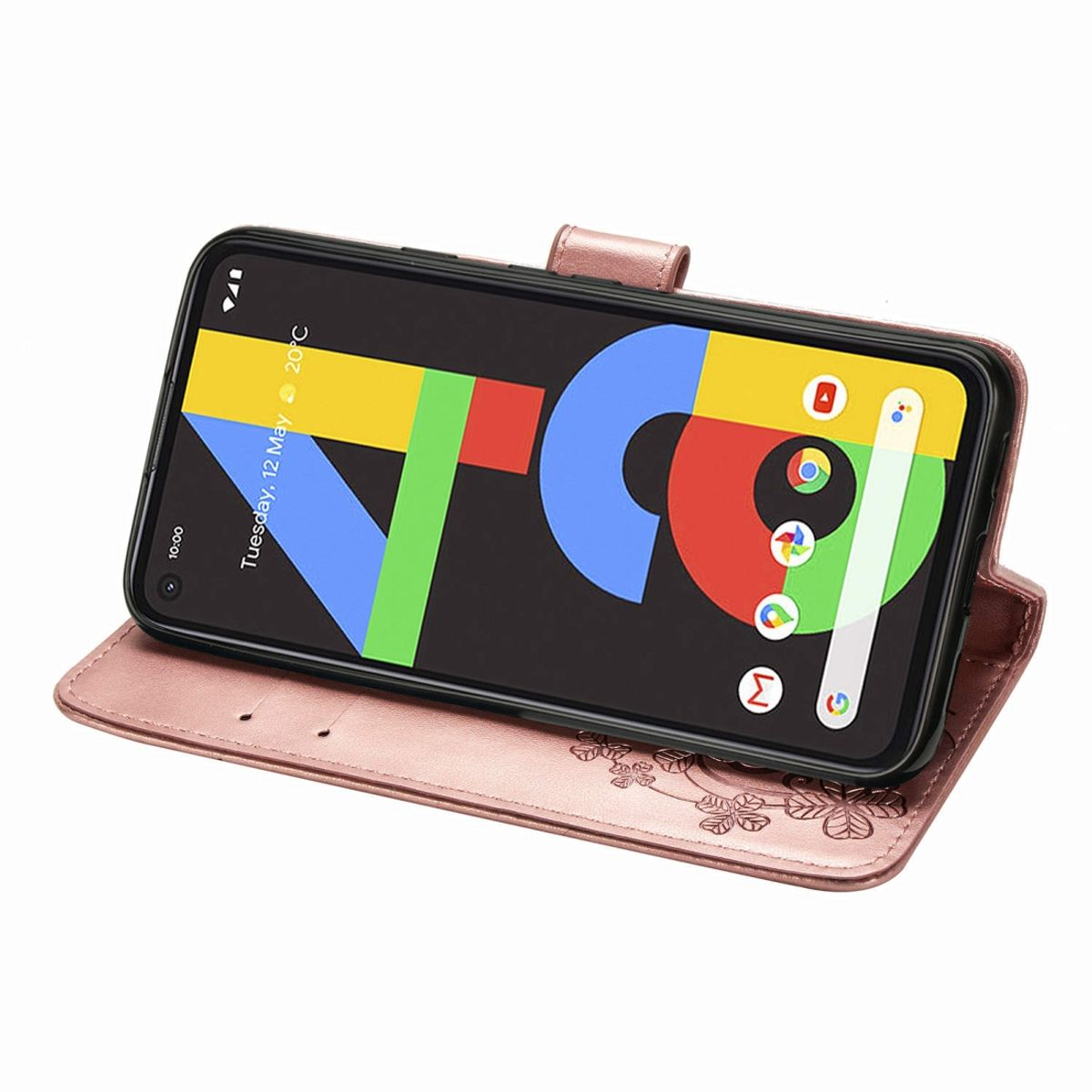 Rosa Handyhülle offen mit Telefon, das Display zeigend. Weißer Hintergrund.