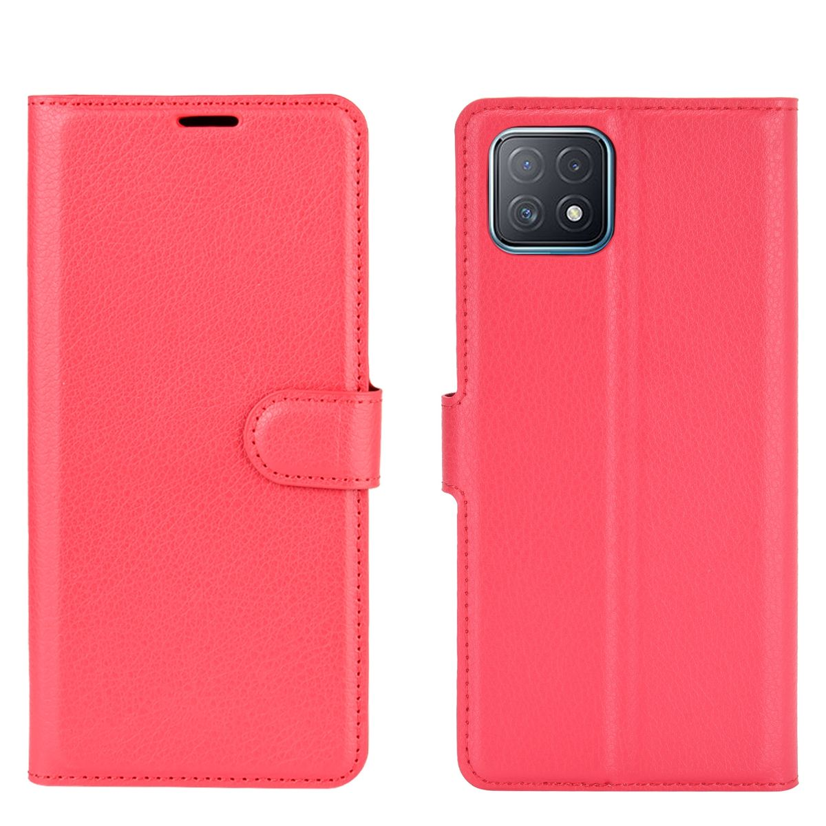 Geöffnete rote Handyhülle mit einem Telefon darin. Die Hülle ist lederartig und zeigt Außen- und Innenseite.