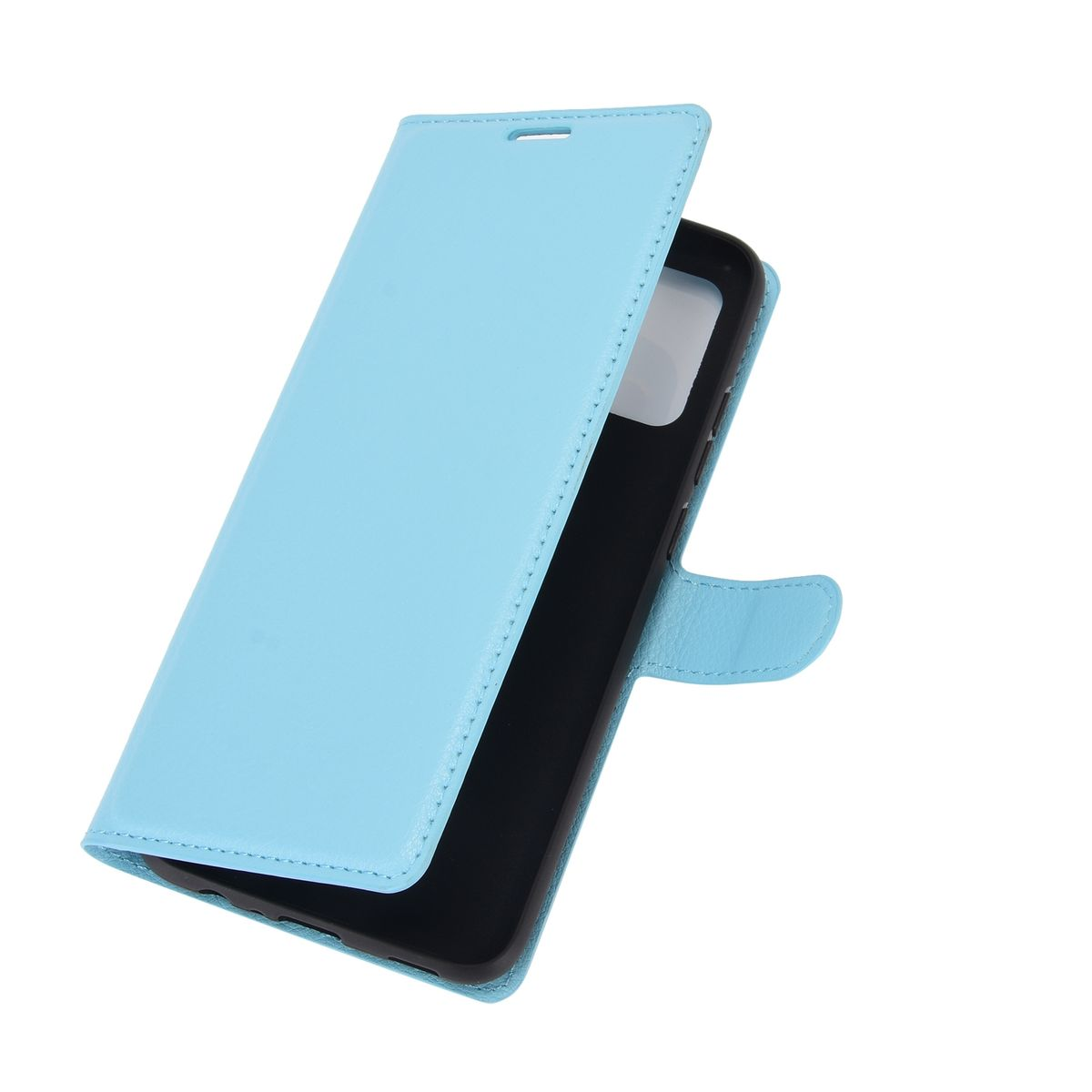 Eine hellblaue Handyhülle offen mit Telefon. Das Telefon befindet sich in der Hülle.