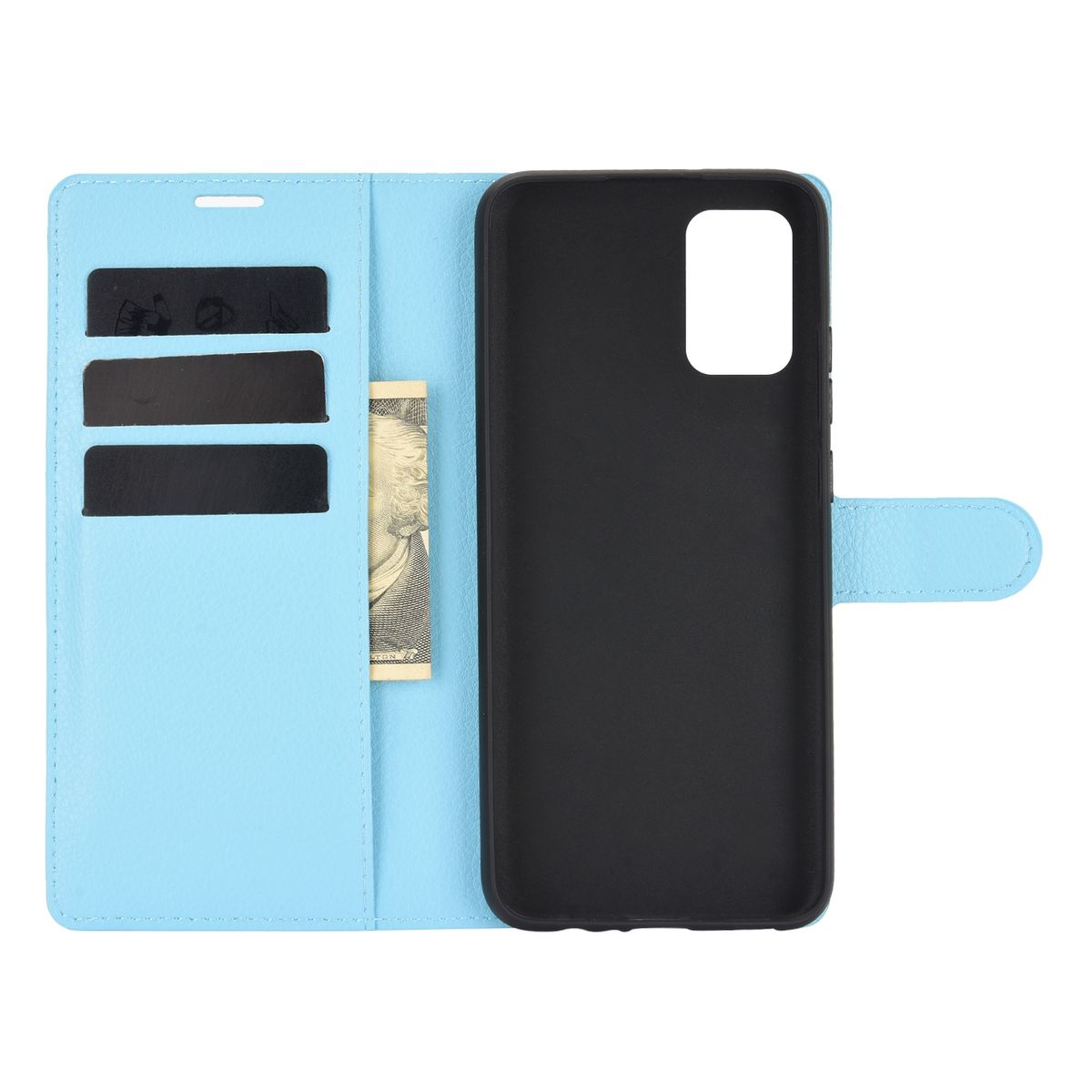 Offene blaue Handyhülle mit Kartenfächern und Geld. Schwarzer Telefonhalter.