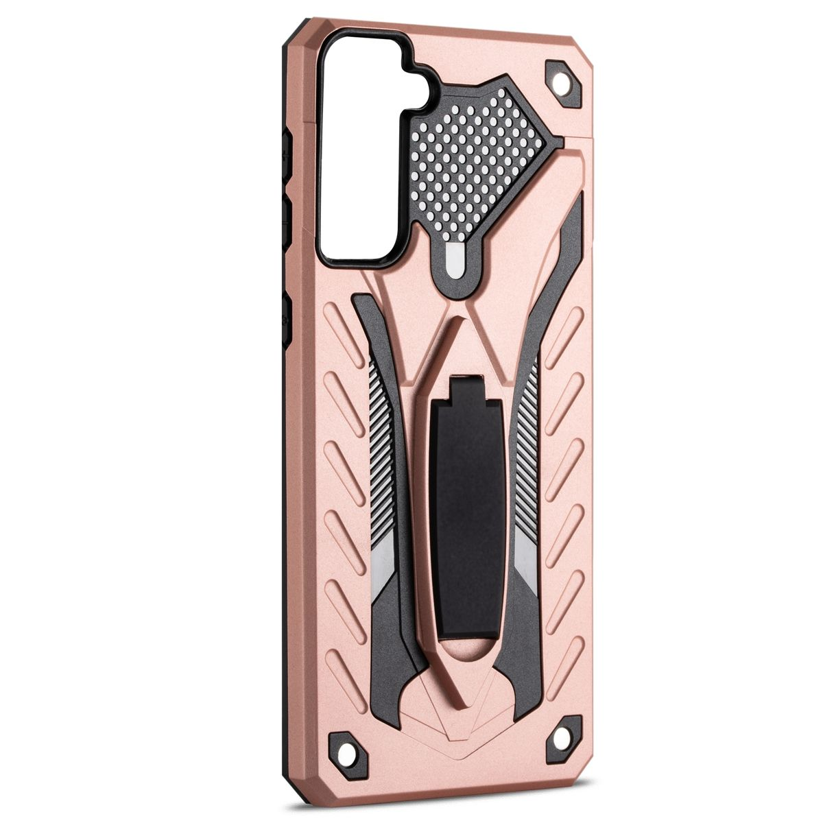 Roségoldene Handyhülle mit Ständer und strukturiertem Design.