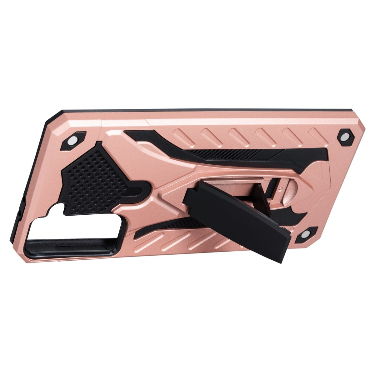 Roségoldene Handyhülle mit Ständer und schwarzem Design. Der Ständer ist ausgefahren.