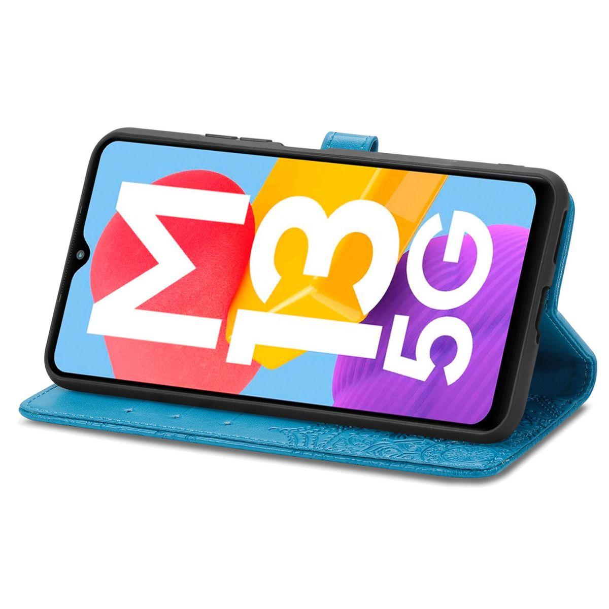 Blaue Handyhülle, offen, mit Text auf dem Telefon. Die Handyhülle hat ein Blumenmuster.