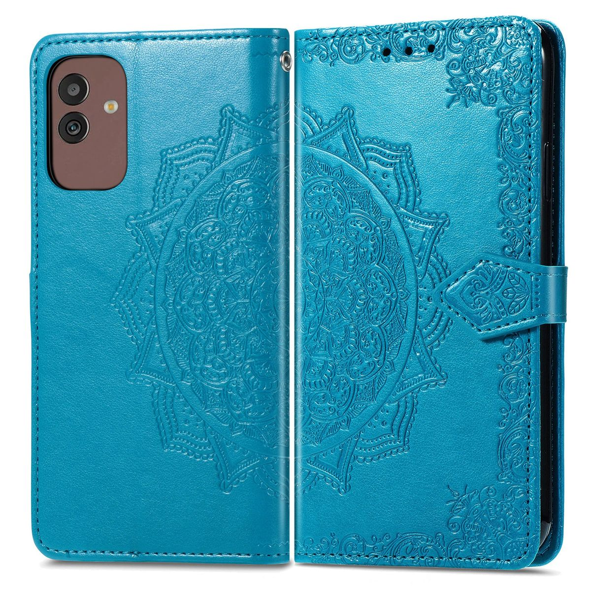Türkis Handyhülle, offen, mit Mandala-Design und Telefon. Weißer Hintergrund.