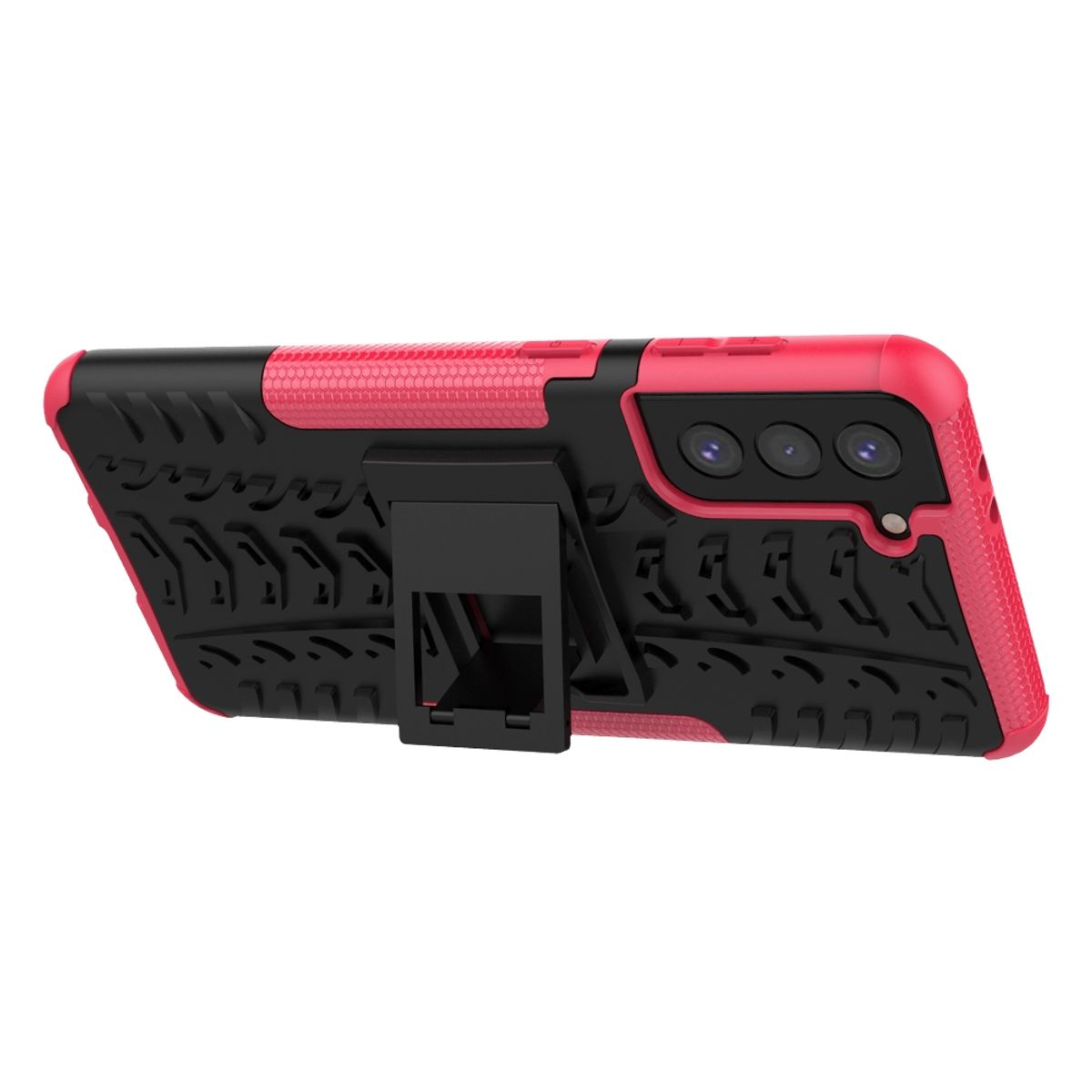Rote und schwarze Handyhülle mit ausgeklapptem Ständer. Die Hülle hat ein strukturiertes Design.