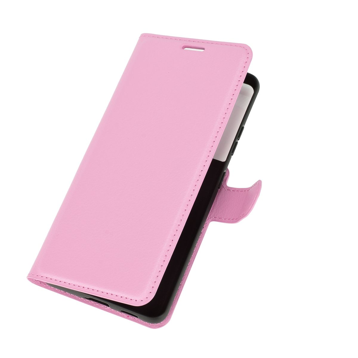 Eine pinkfarbene Handyhülle, geöffnet, mit einem schwarzen Telefon im Inneren, die Hülle leicht angewinkelt.