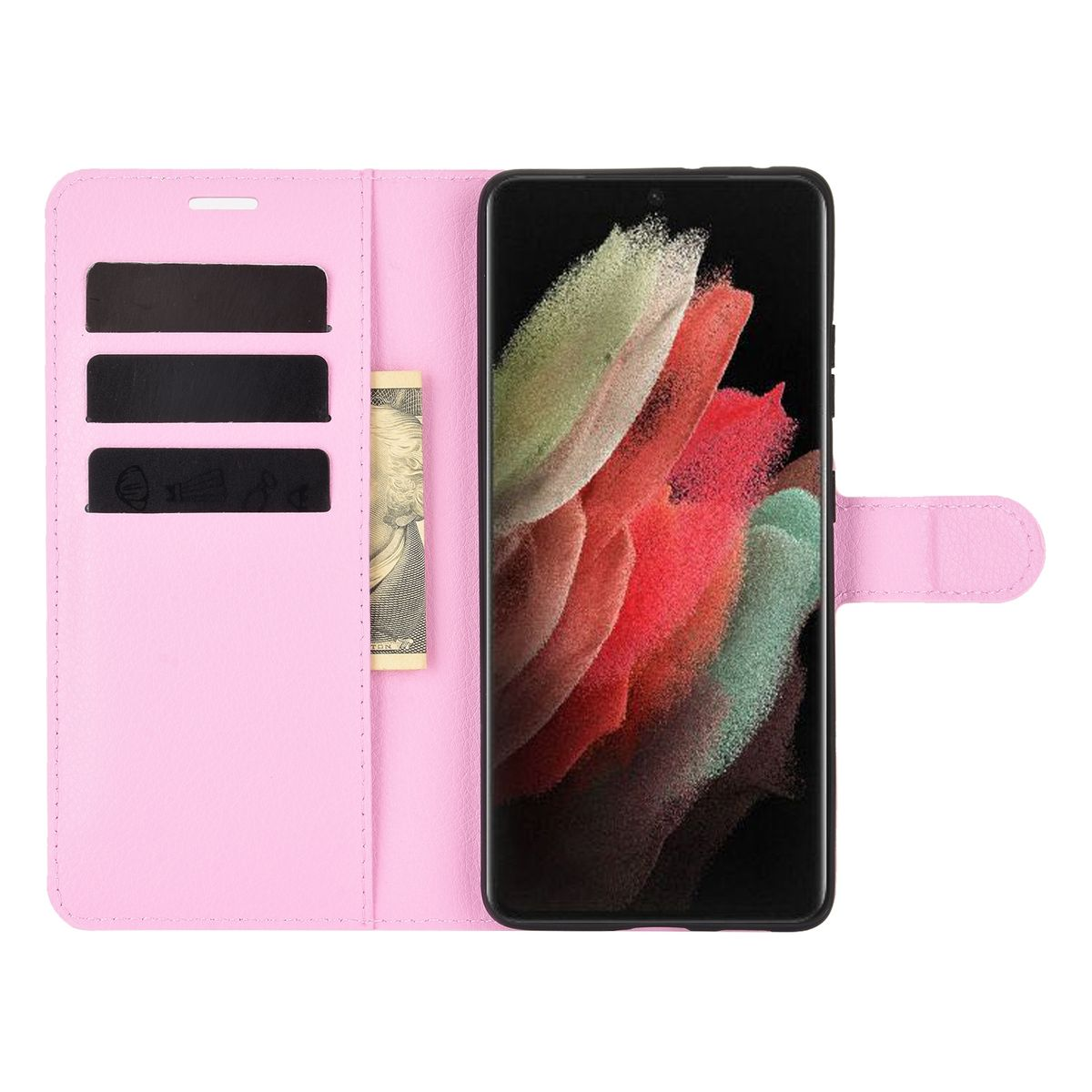 Geöffnete rosa Handyhülle, mit einem Telefon, das einen farbenfrohen Bildschirm zeigt. Es gibt Kartenfächer und einen Geldschlitz.