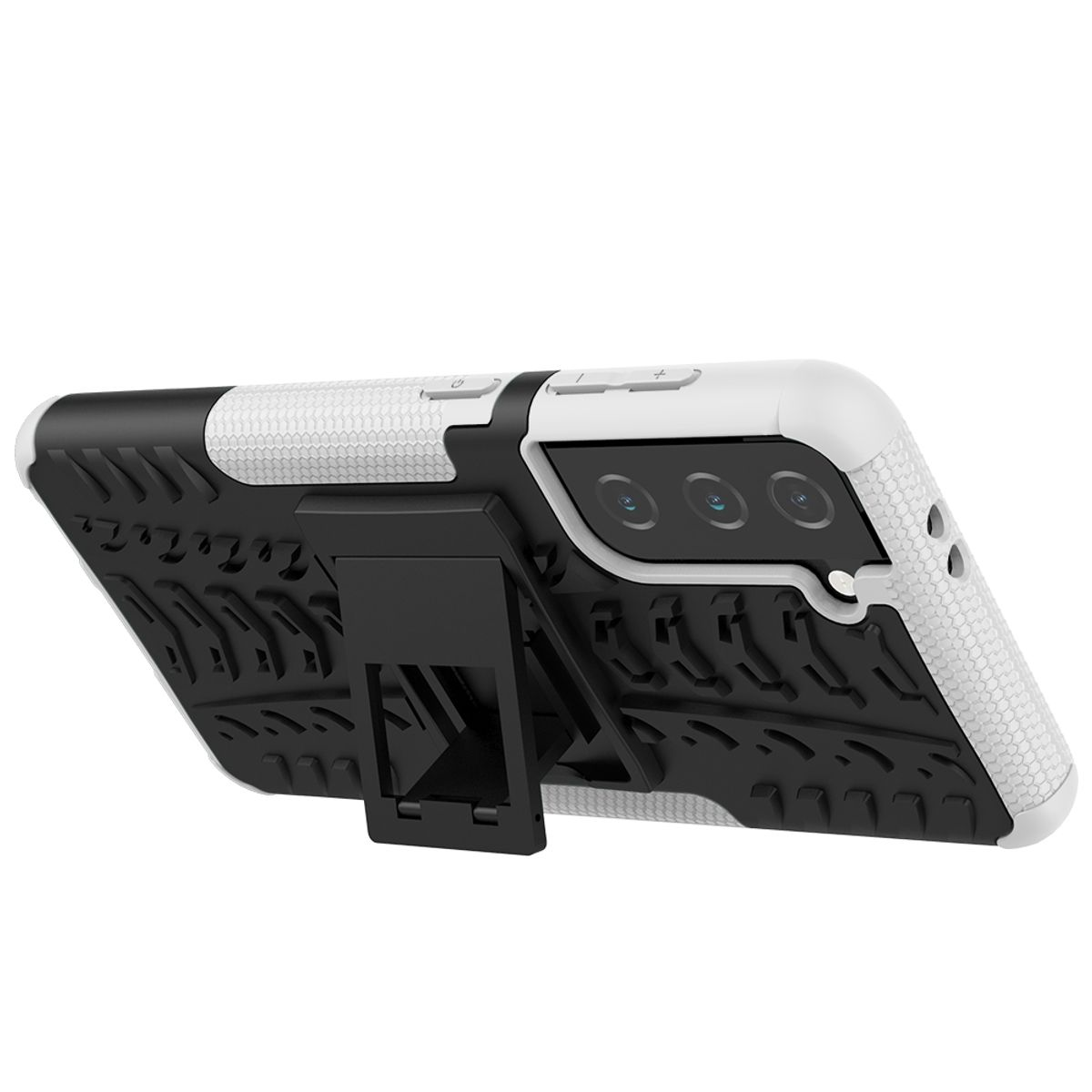 Weiß-schwarze Handyhülle mit Ständer. Das Telefon ist abgewinkelt.