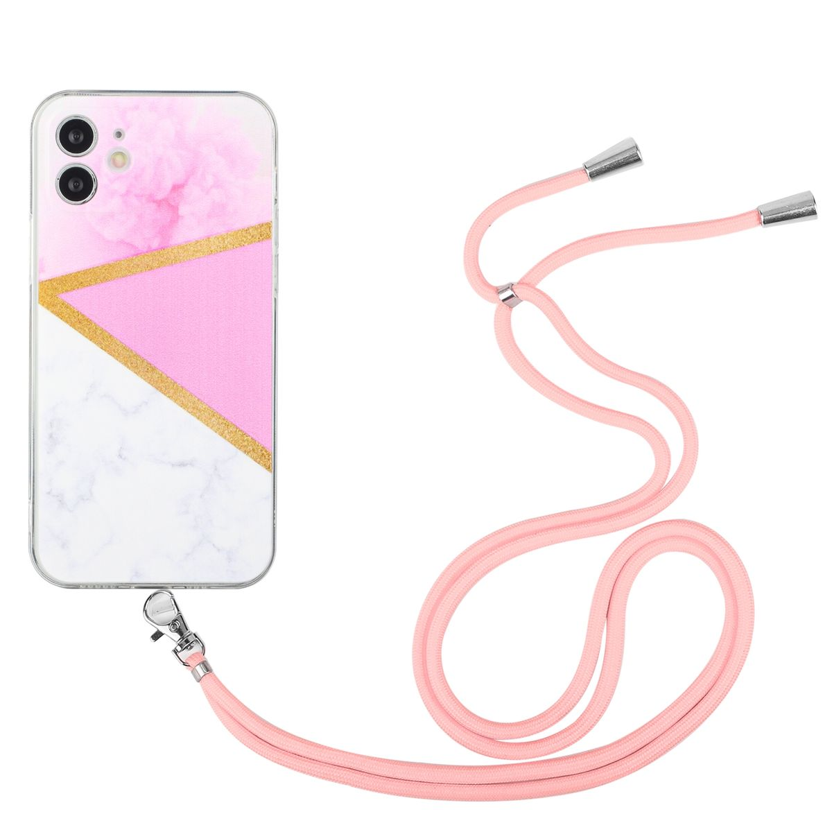 Telefon mit rosa-weißem Marmordesign und rosa Lanyard.