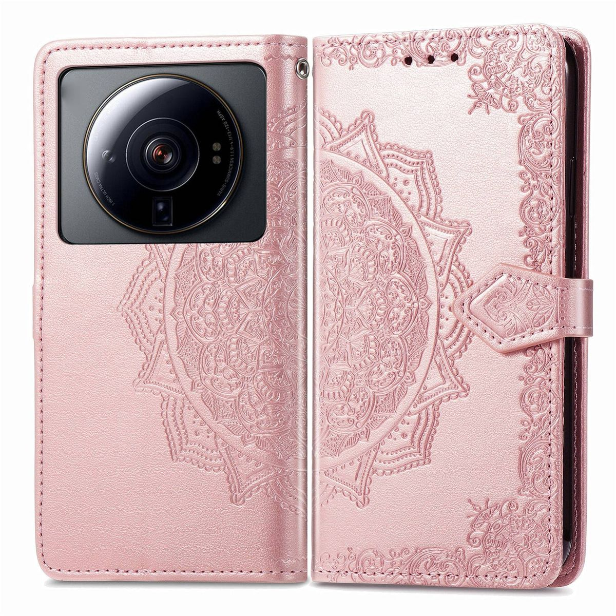 Rosa Handyhülle offen mit Telefon. Hülle hat Mandala-Design und Magnetverschluss.