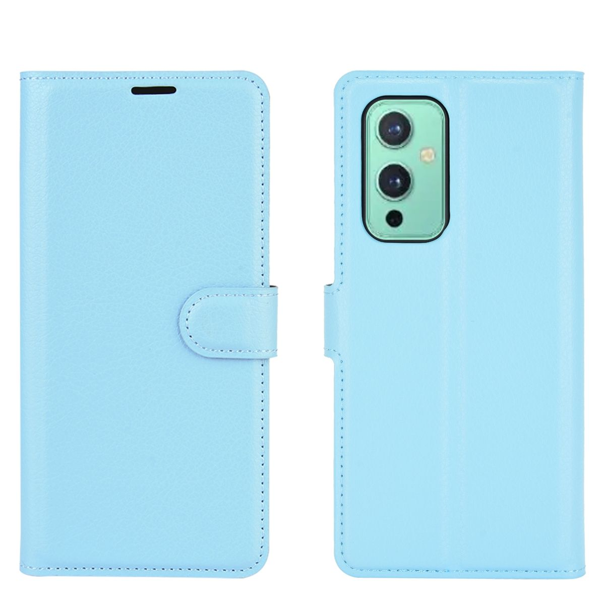 Hellblaue Handyhülle, offen, mit einem Telefon darin. Die Hülle hat einen Magnetverschluss.