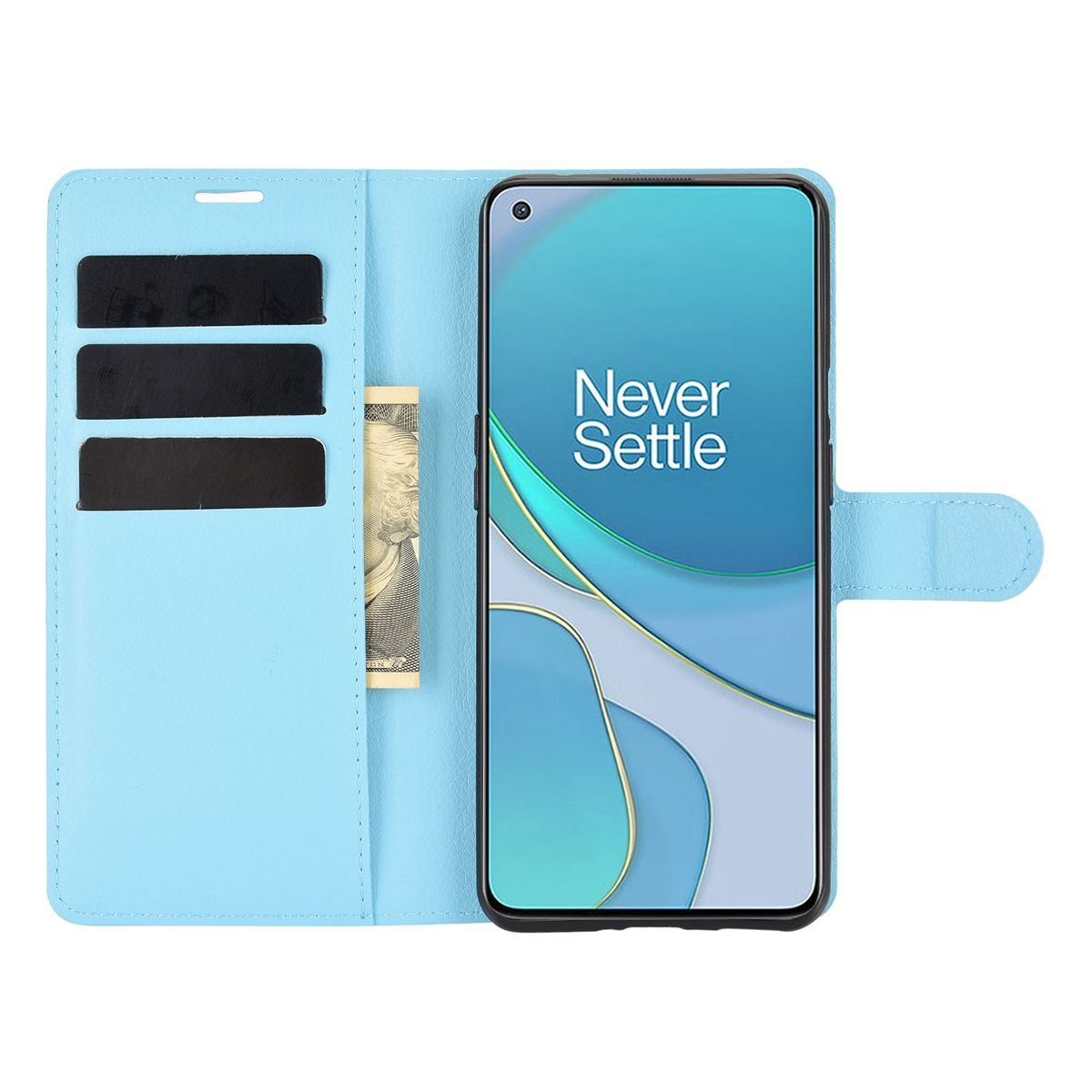 Hellblaue Handyhülle mit Never Settle auf dem Bildschirm, Kartenfächern und Schein.