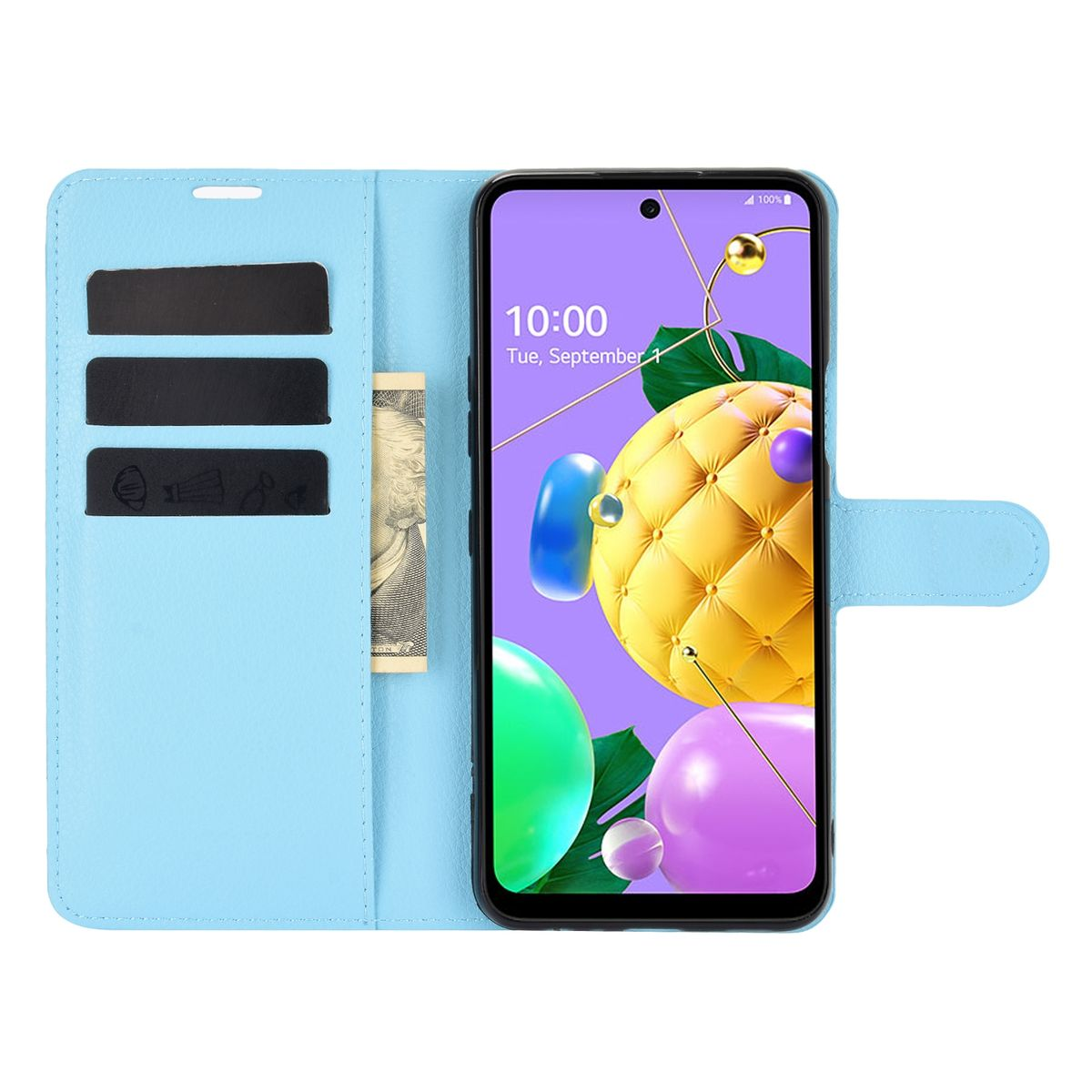 Hellblaue Handyhülle mit schwarzen Kartenfächern und einem Telefon. Im Etui befindet sich eine Rechnung.