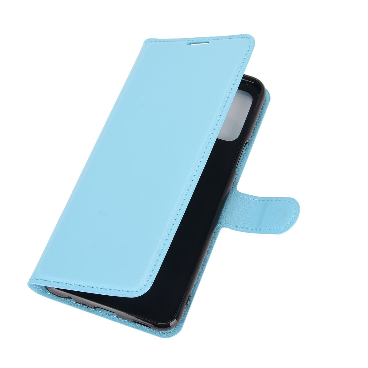 Blaue Handyhülle, geöffnet. Zeigt die Innenseite und das Telefon.