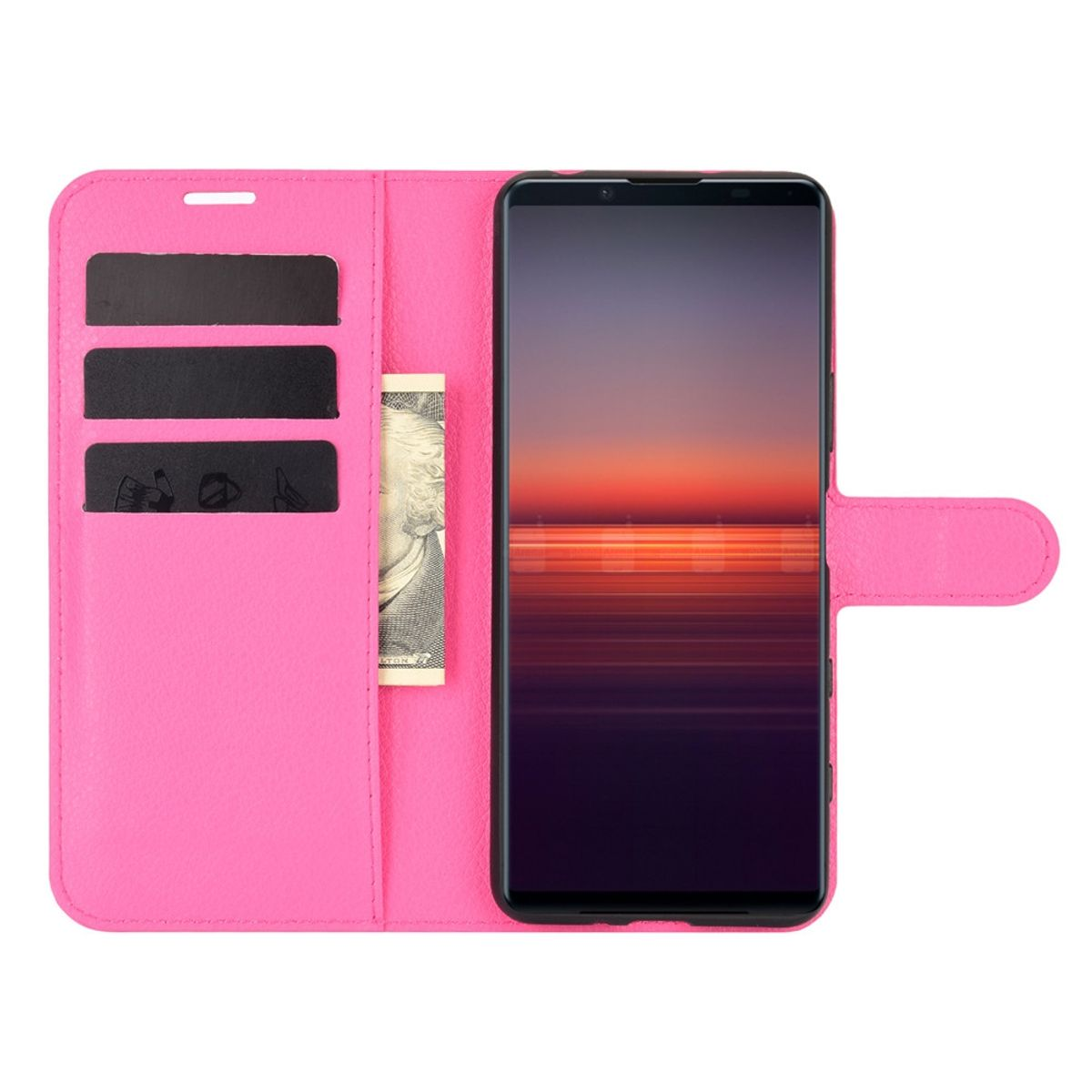 Geöffnete rosa Handyhülle mit Karten und Geld. Telefon zeigt Sonnenuntergang.