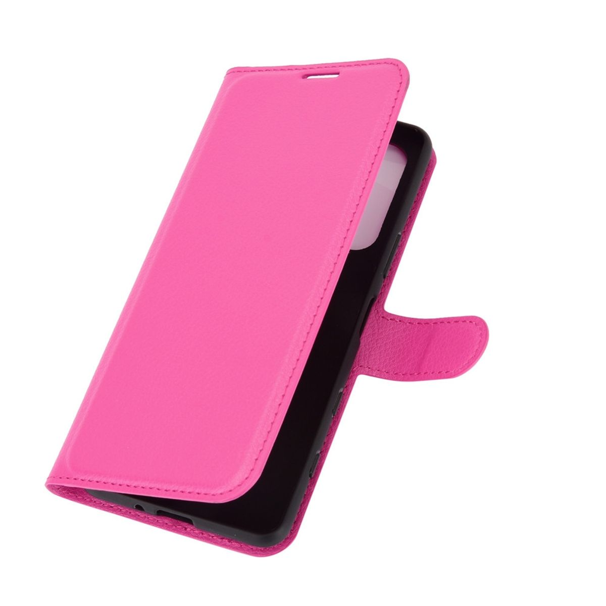 Rosa Handyhülle, geöffnet. Telefon ist darin. Weißer Hintergrund.