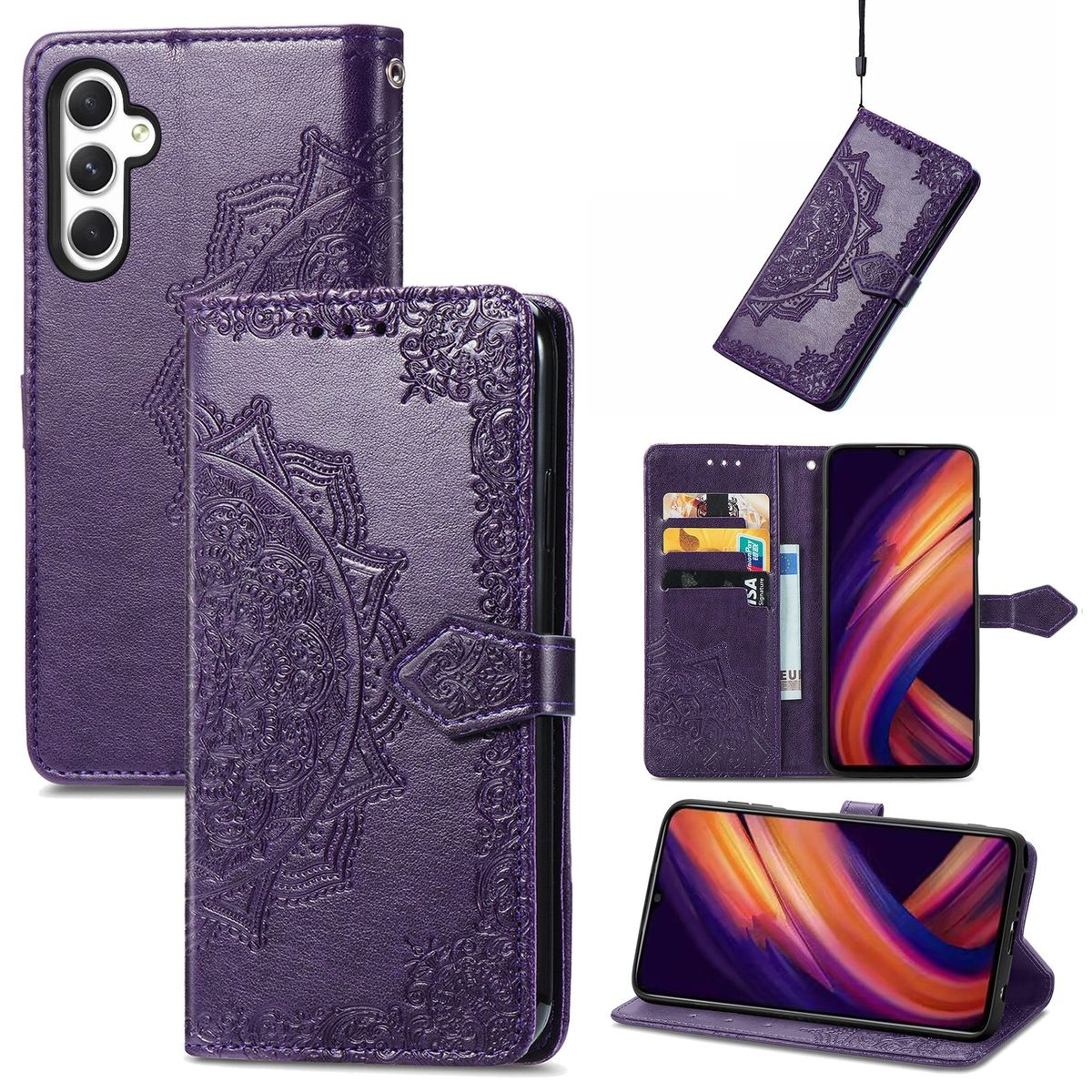 Lila Handyhülle mit Mandala-Design, mehrere Ansichten.