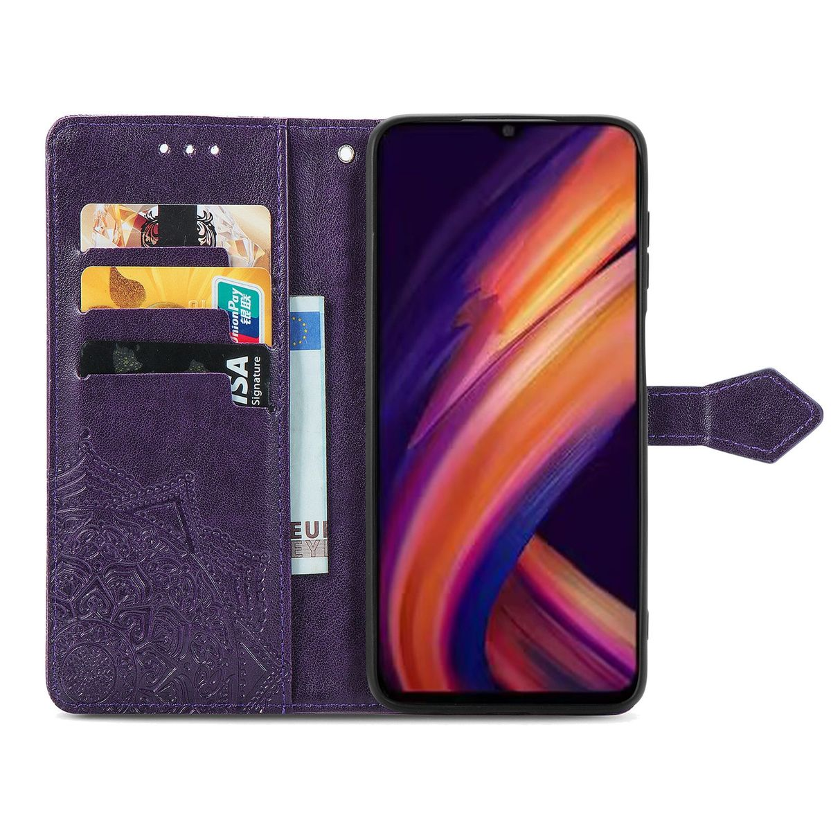 Lila Handyhülle offen, mit Karten und Geld; Telefon sichtbar. Mit einem Design verziert.