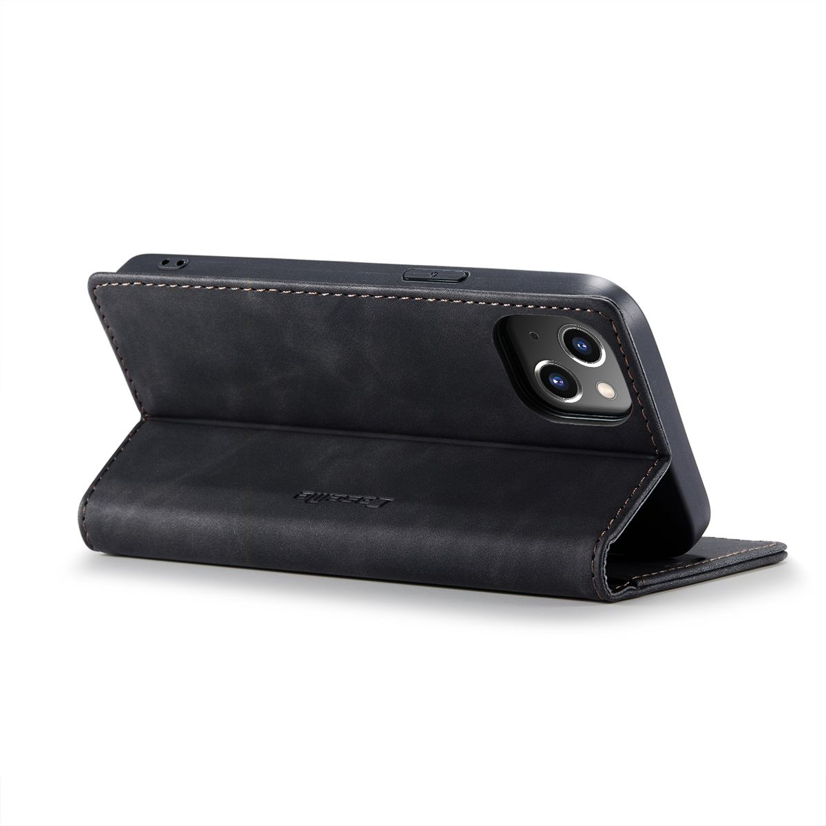 Dunkelblaue Handyhülle mit einem Telefon darin. Die Hülle ist offen mit einem Stand-up-Design.