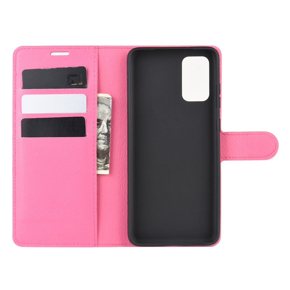 Geöffnete rosa Handyhülle, mit Karten und Geld sichtbar. Schwarzes Telefon innen.